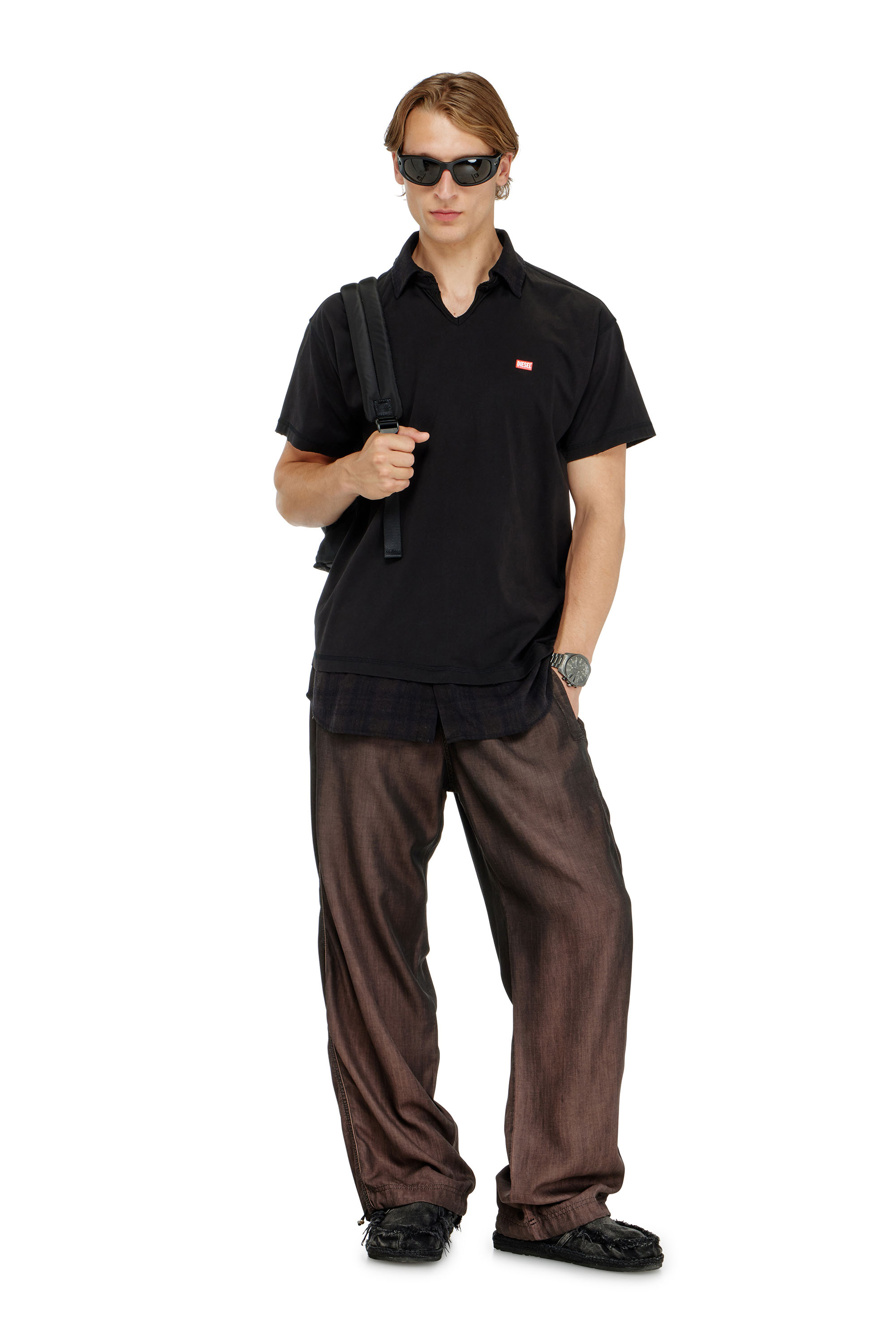 Diesel - T-ANSEL, Man's Jersey polo shirt with check flannel trims in Black - 2
