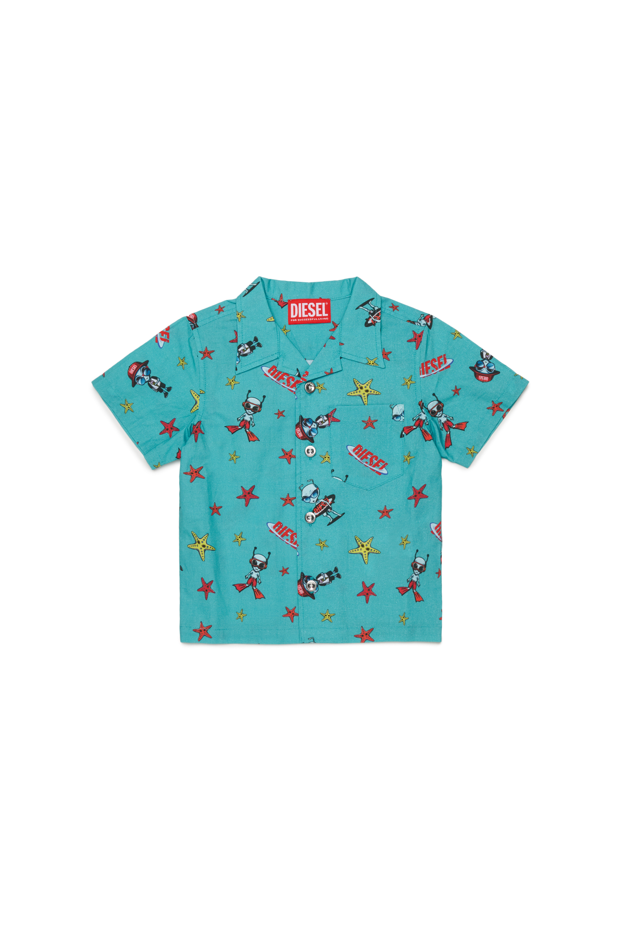 Diesel - MCALYB, Man's Cotton shirt with all-over prints in Water Green - 1