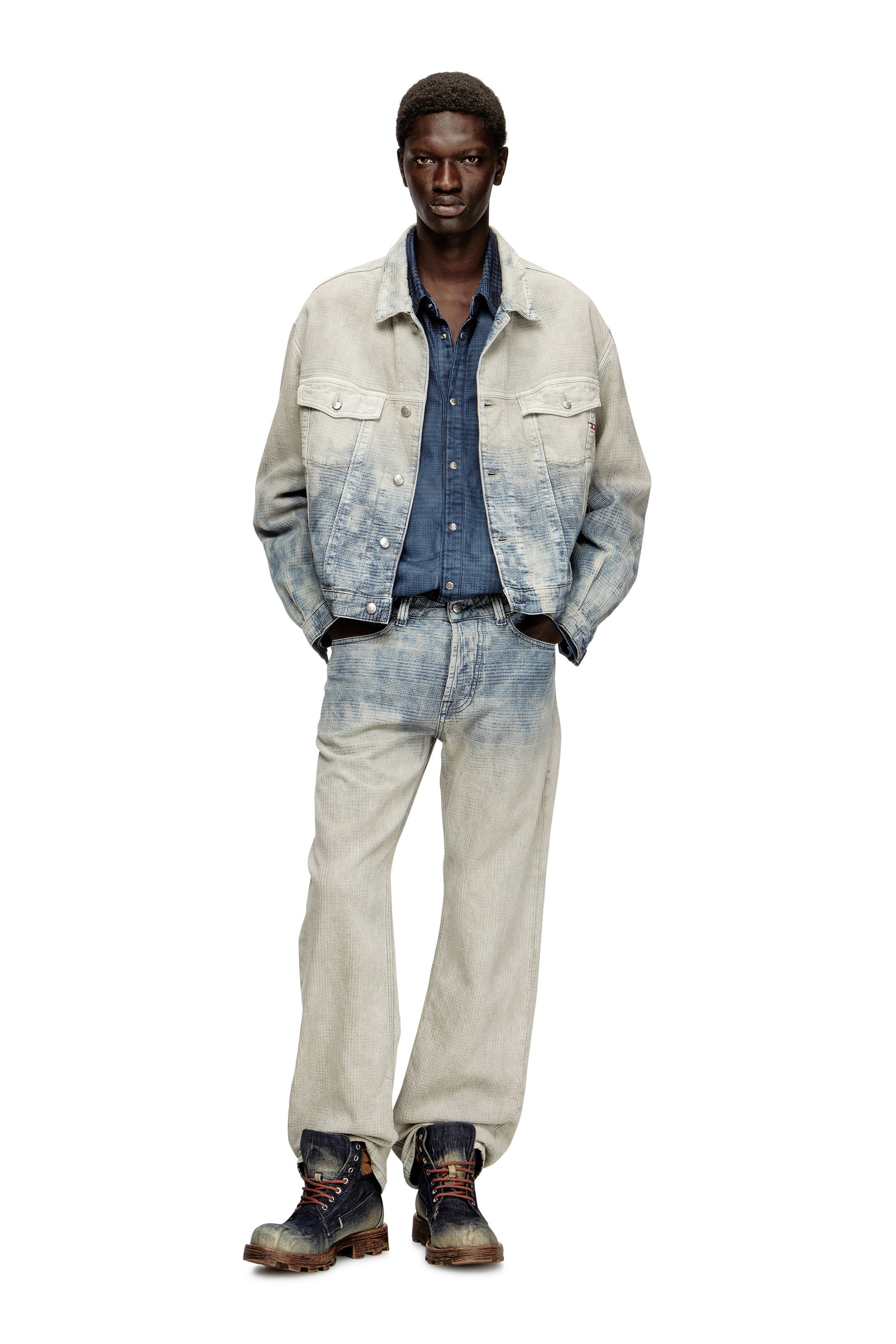 Diesel - D-RANGER, Unisex's Trucker jacket in Prince of Wales jacquard denim in Grey/Blue - 2