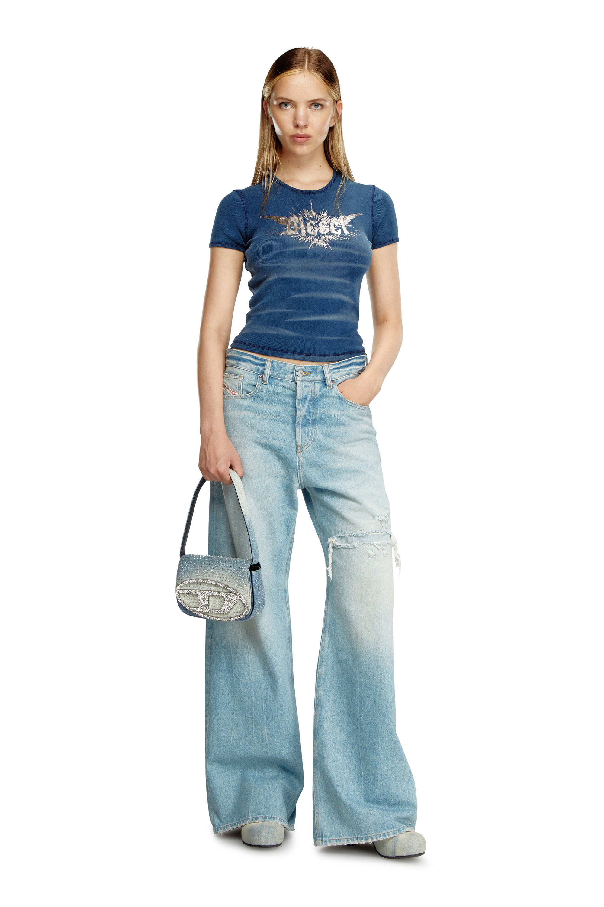 Diesel - 1DR, Woman's 1DR - Iconic shoulder bag in denim and crystals in Light Blue - 1