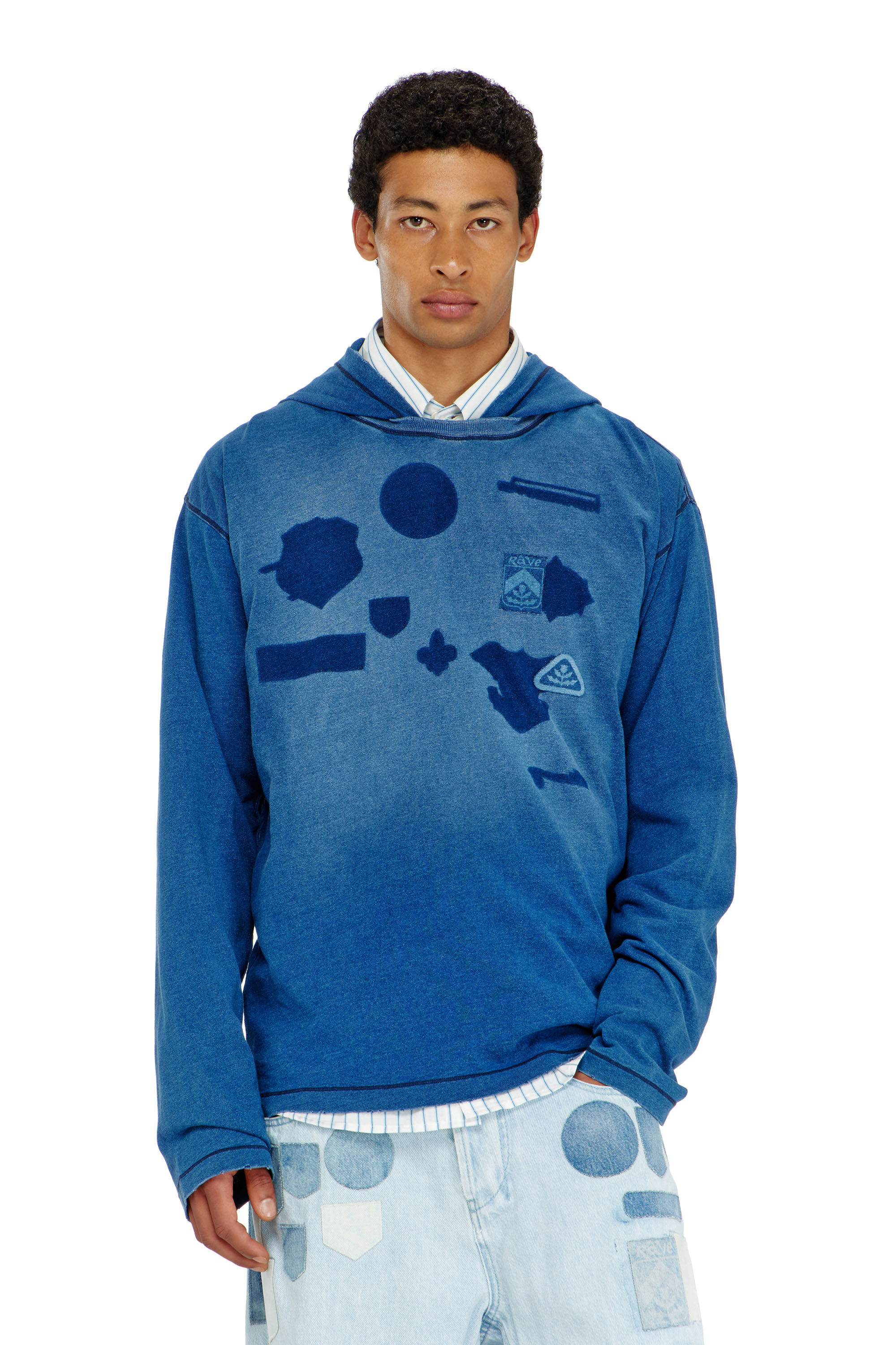 Diesel - T-NOX-LS-HOOD, Man's Hooded long-sleeve T-shirt with shadow-effect patches in Medium blue - 1
