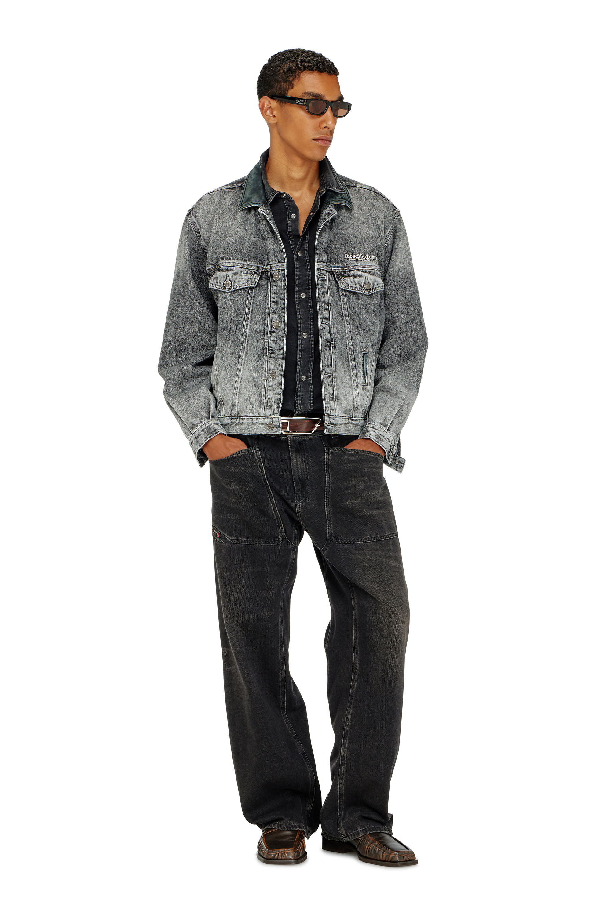 Diesel - D-DENVER-S, Unisex's Denim trucker jacket with tonal leather trims in Grey - 2