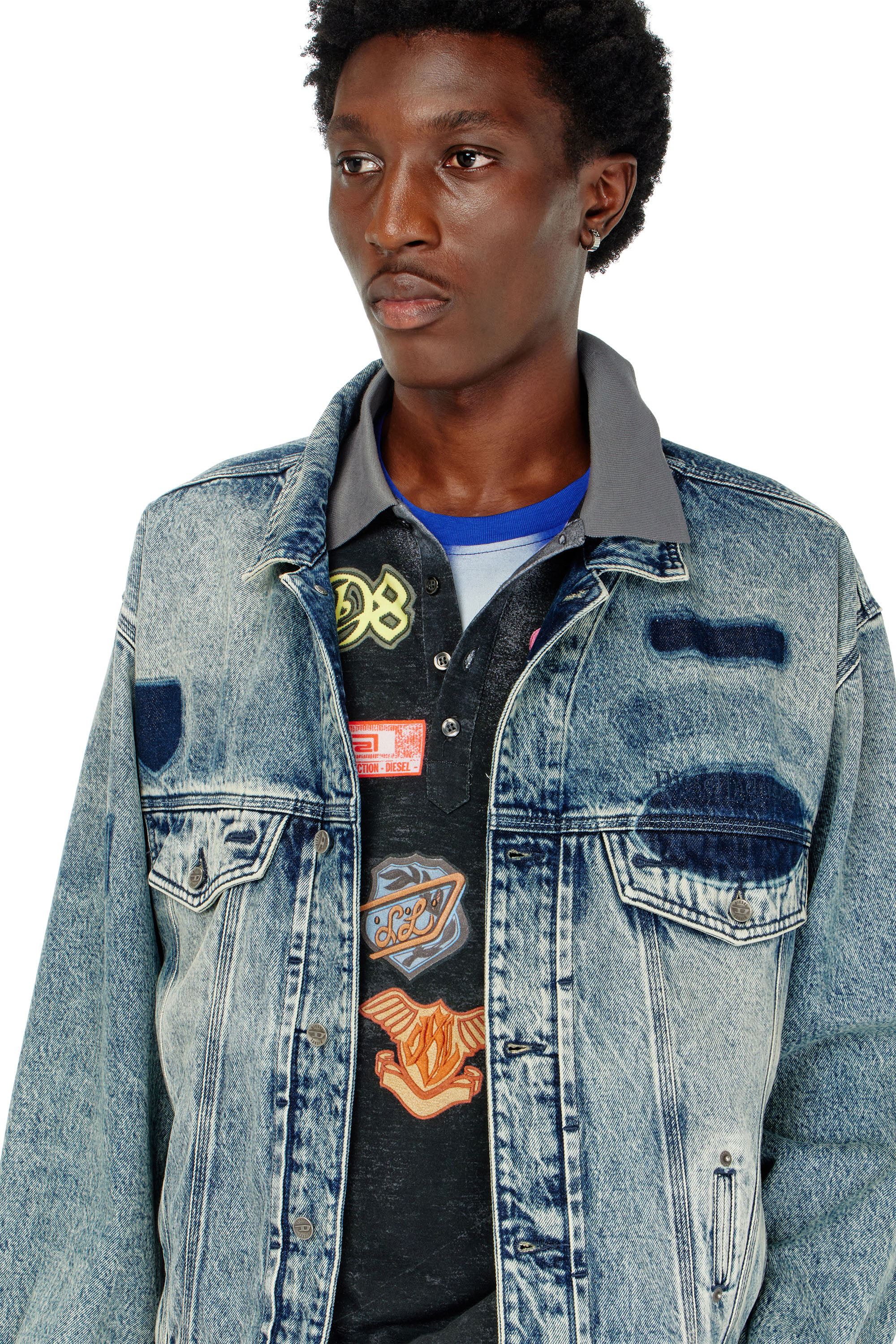 Diesel - D-DENVER-S2, Unisex's Trucker jacket with patch effects in Medium blue - 5