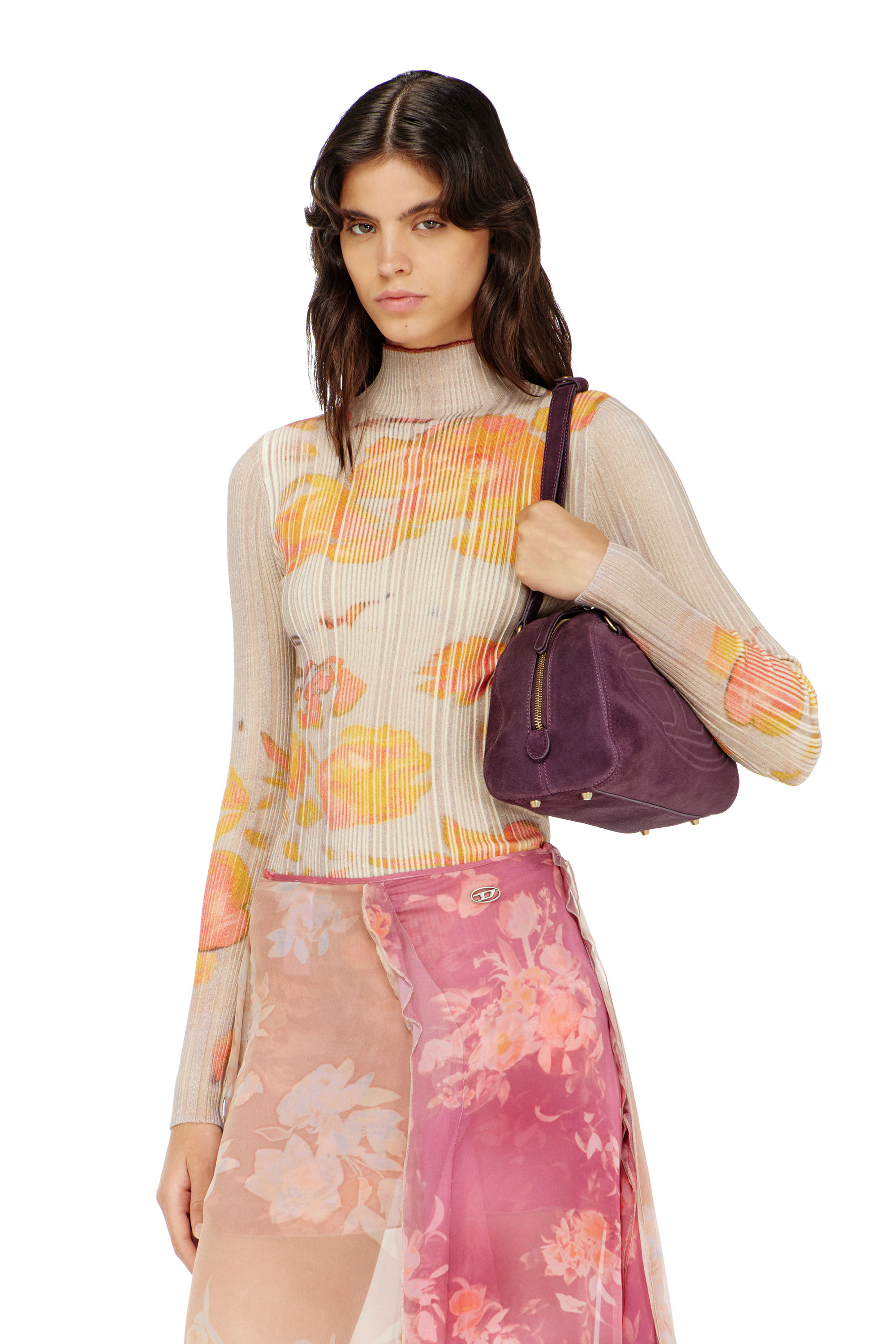 Diesel - M-IORIA, Woman's Ribbed wool turtleneck top with floral print in null - 1
