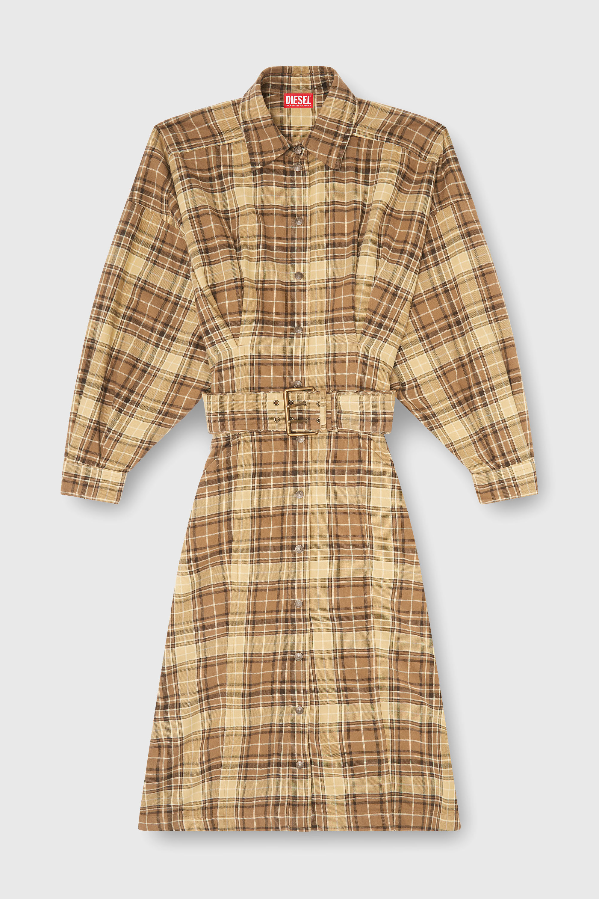 Diesel - D-EDALUS, Woman's Midi dress in check flannel with wide belt in Brown/Yellow - 2