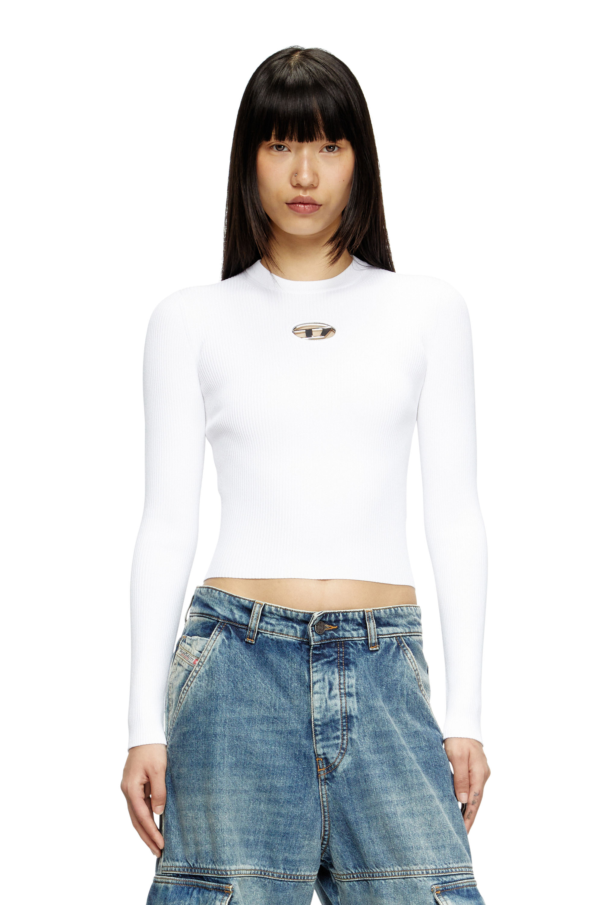 Diesel - M-VALARI, Woman's Rib-knit viscose-blend top with Oval D in White - 3