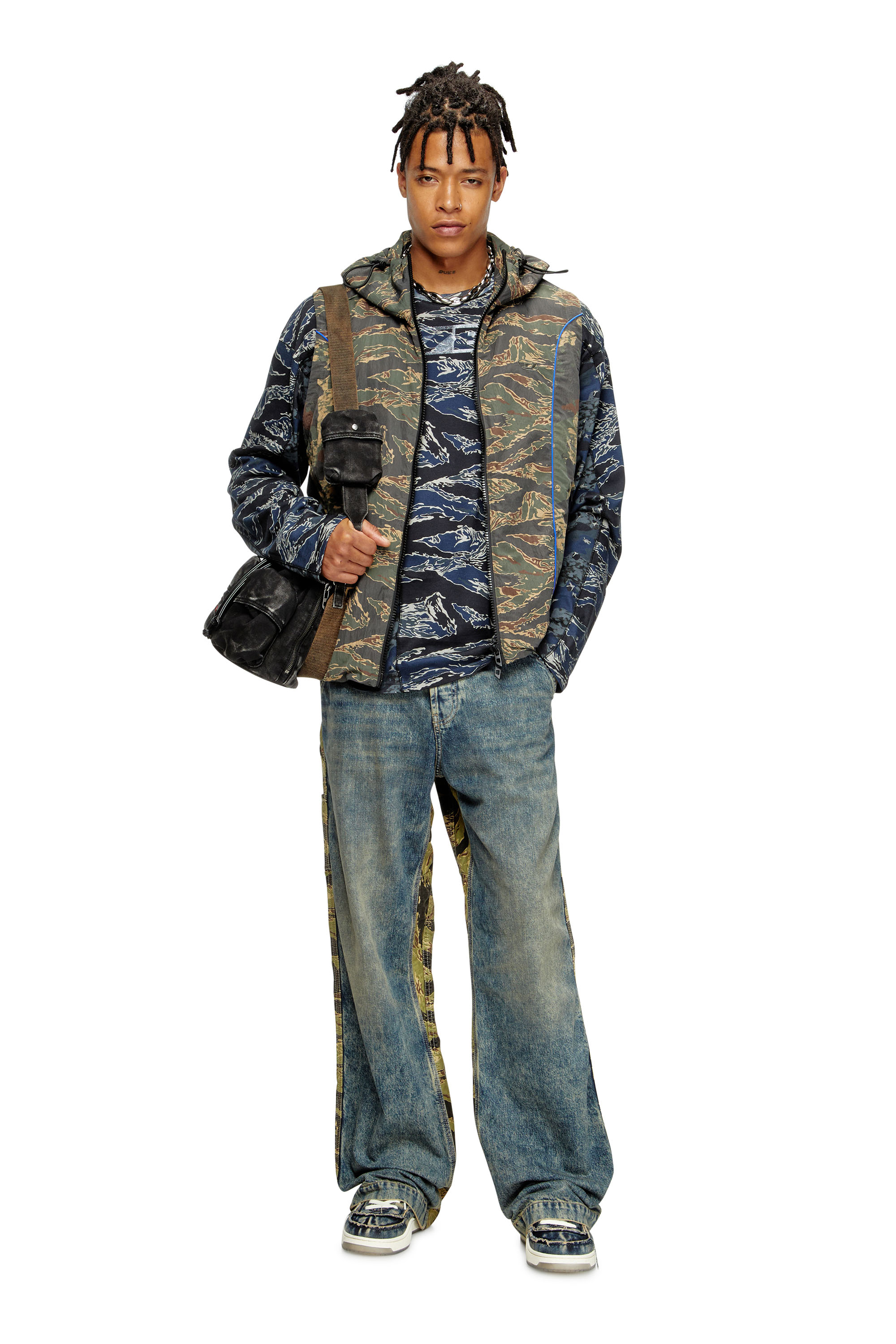 Diesel - J-OSTEND-SL-CAMU, Man's Hooded vest with mixed camo prints in Blue/Green - 1
