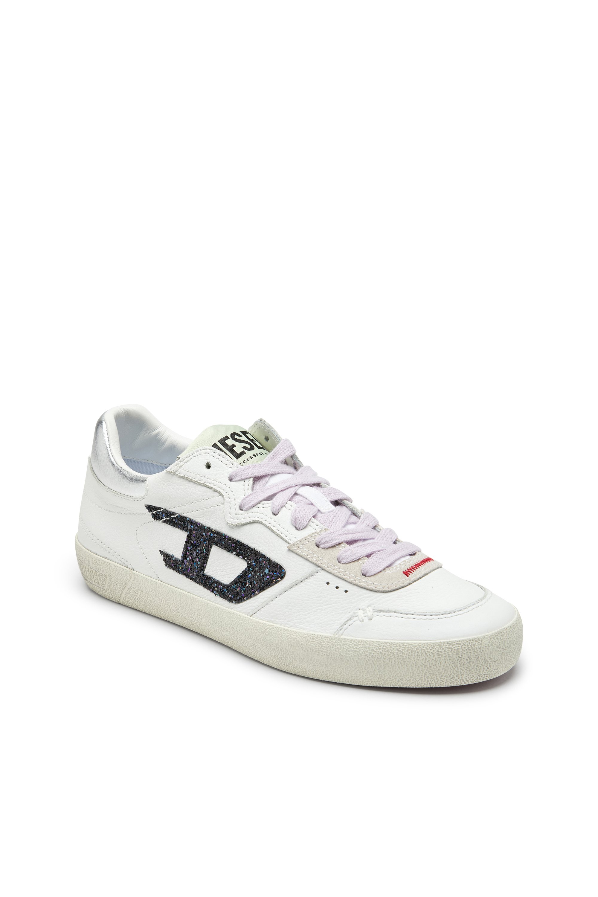 Diesel - S-LEROJI LOW W, Woman's S-Leroji-Leather sneakers with glitter logo in White/Black - 6