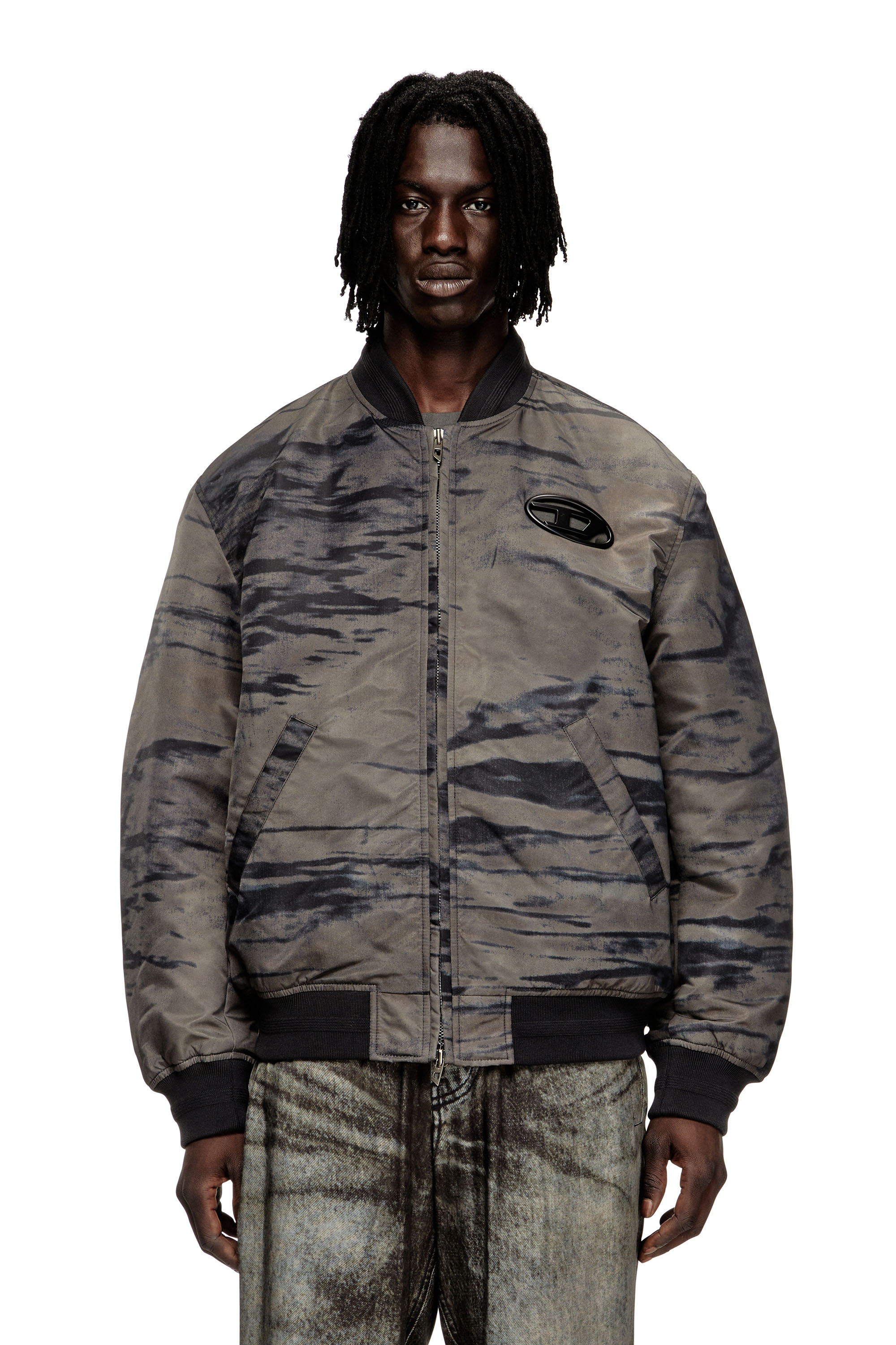 Diesel - J-KEPES-DLBZ, Man's Padded bomber jacket in printed satin in Black/Grey - 3