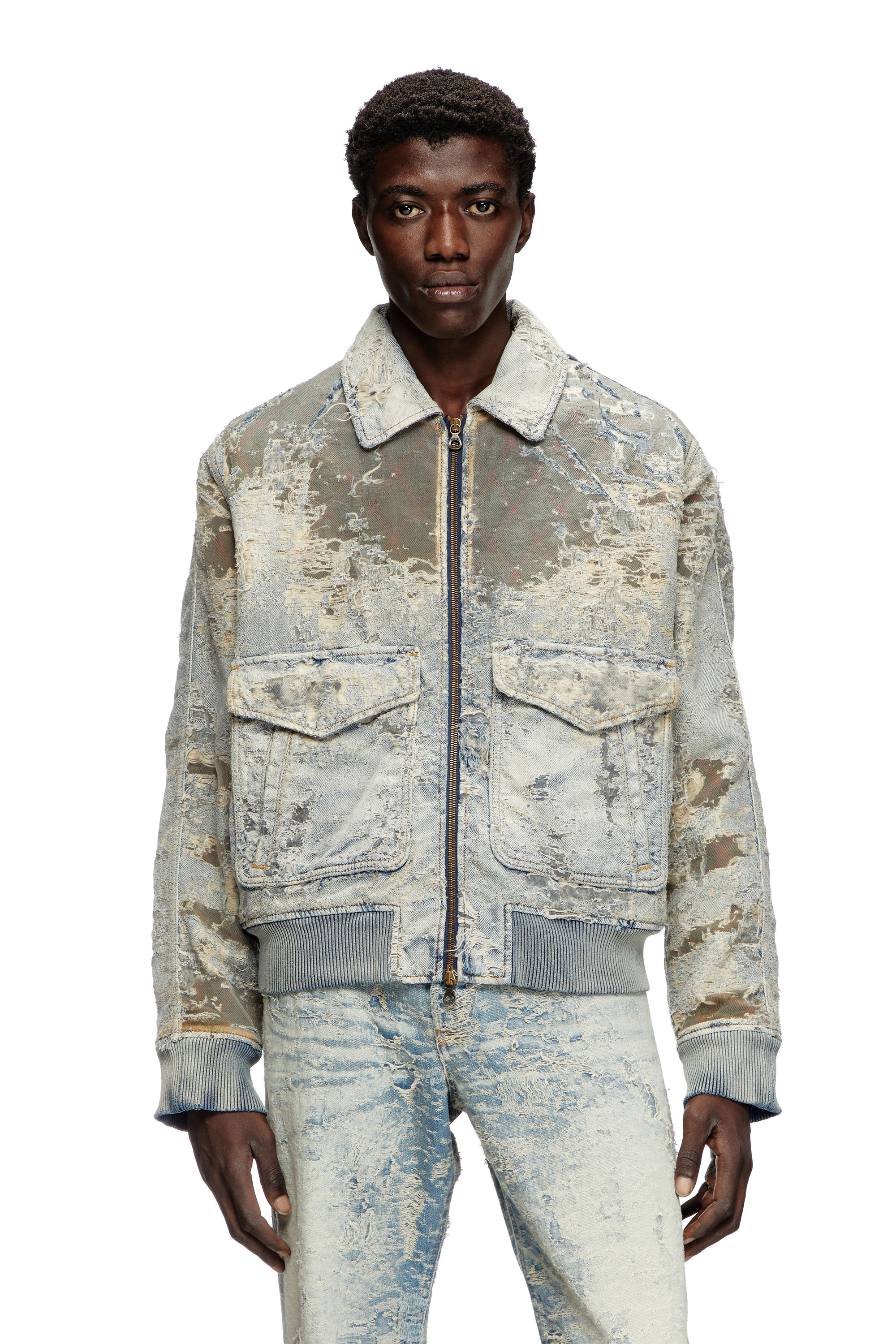 Diesel - D-MUDDY-FSF, Man's Aviator jacket in devoré denim in Light Blue - 1