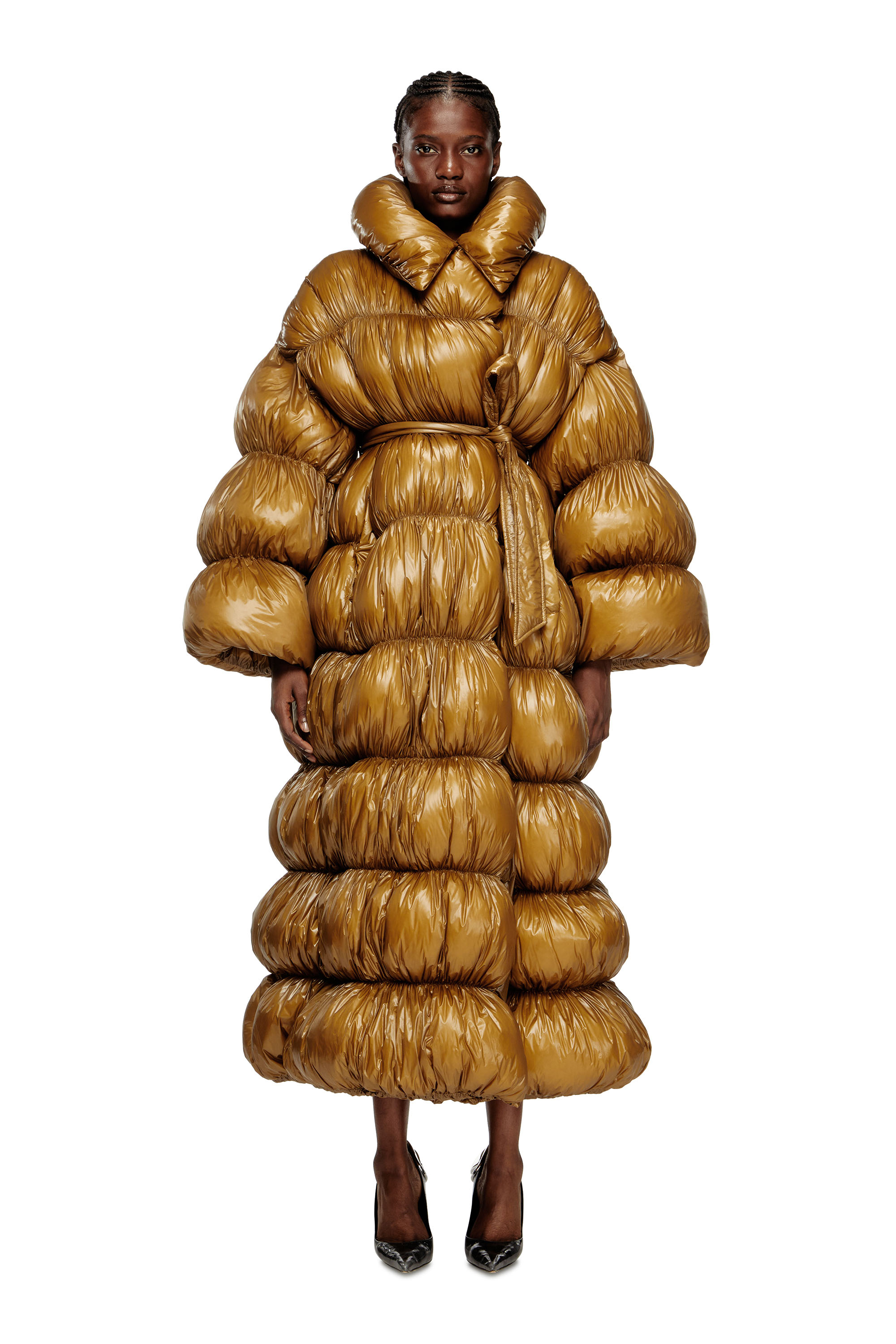 W-INONA-LONG, Brown Diesel - W-INONA-LONG, Woman's Quilted down coat with belt in Brown - 1