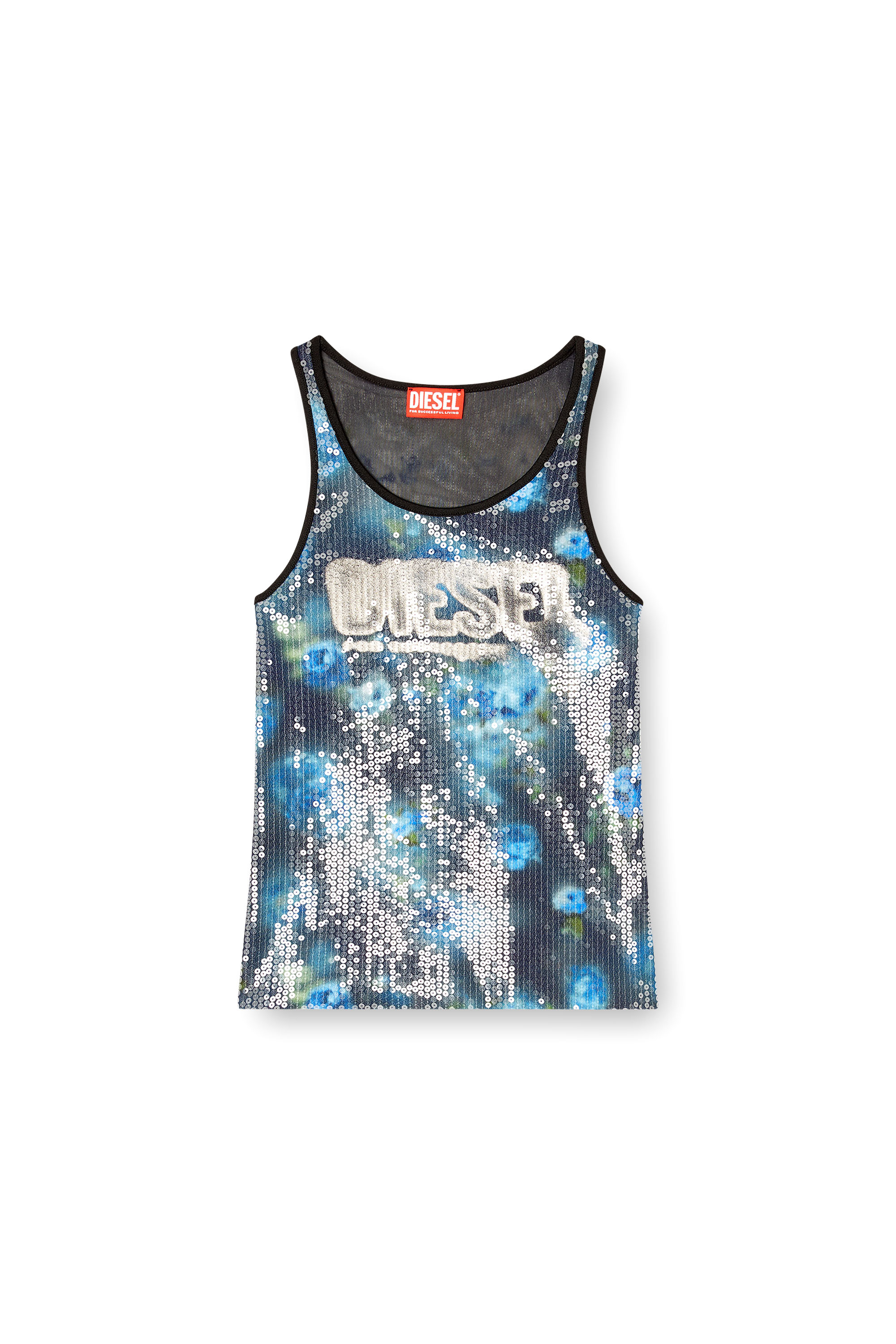 Diesel - T-UNKY, Woman's Floral print jersey top with sequins in Blue - 3