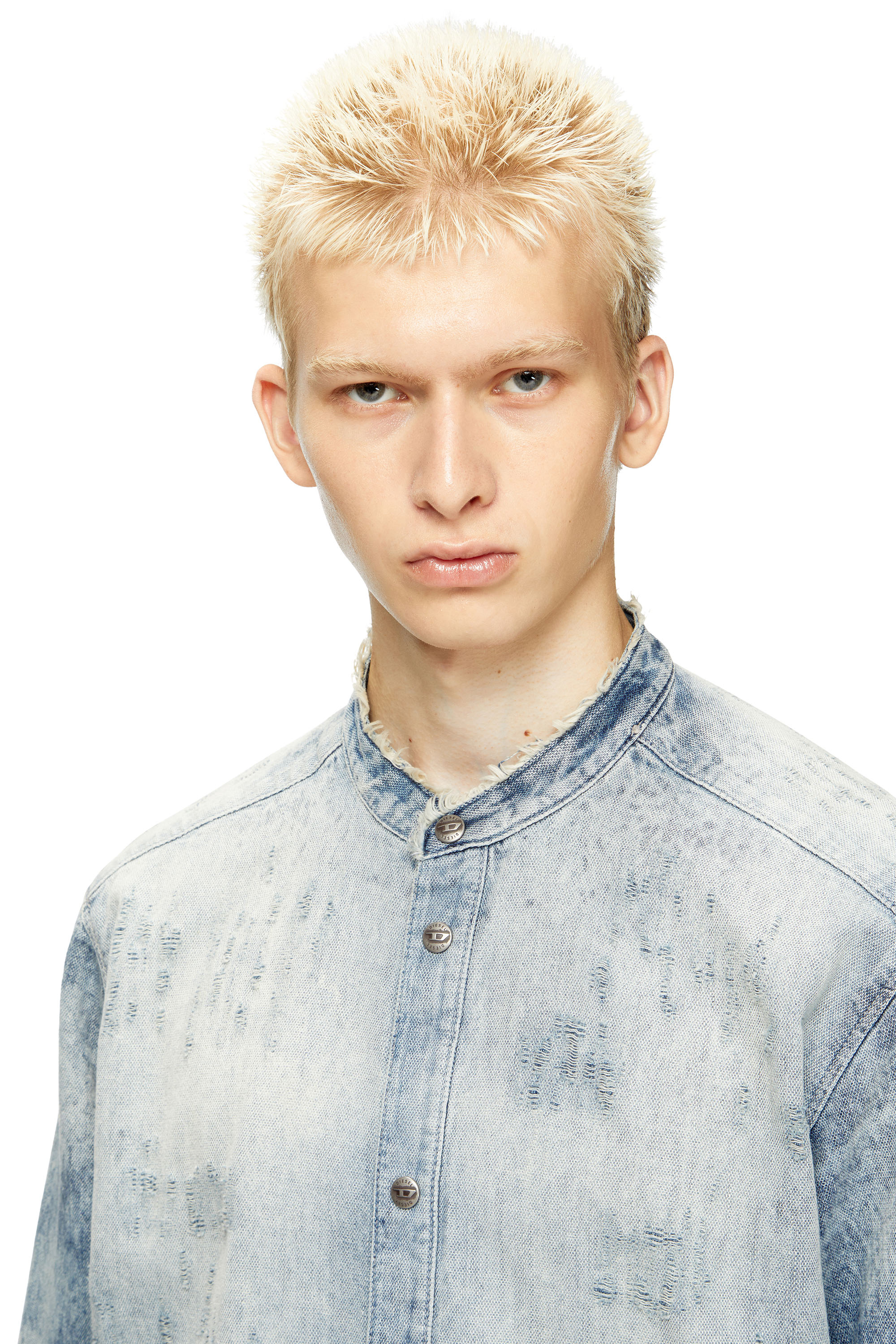 Diesel - D-SIMP-FSH, Man's Shirt in distressed honeycomb denim in Light Blue - 5