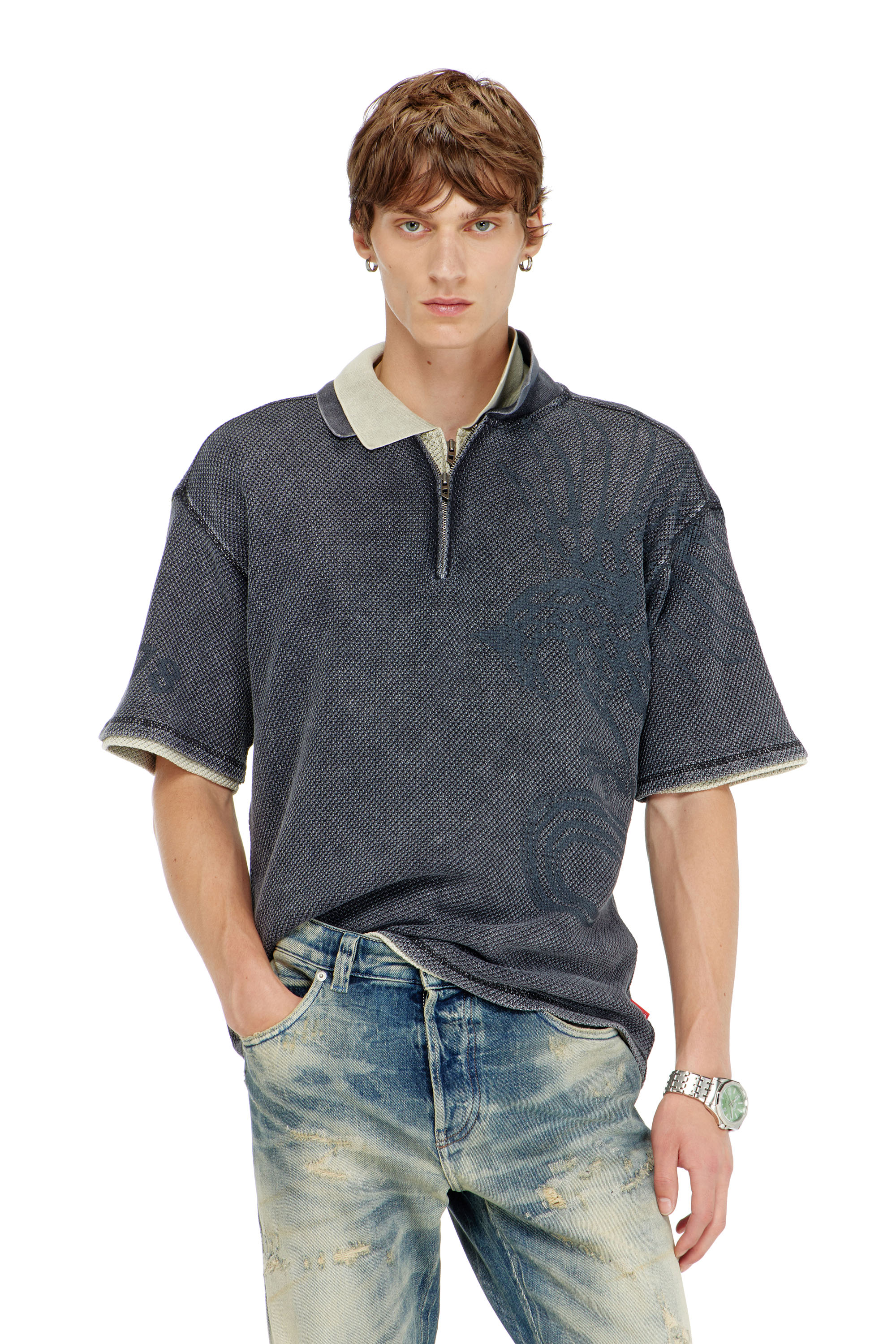 Diesel - T-ERRY-ZIP, Man's Mesh-jacquard polo shirt with Phoenix print in Dark grey - 3