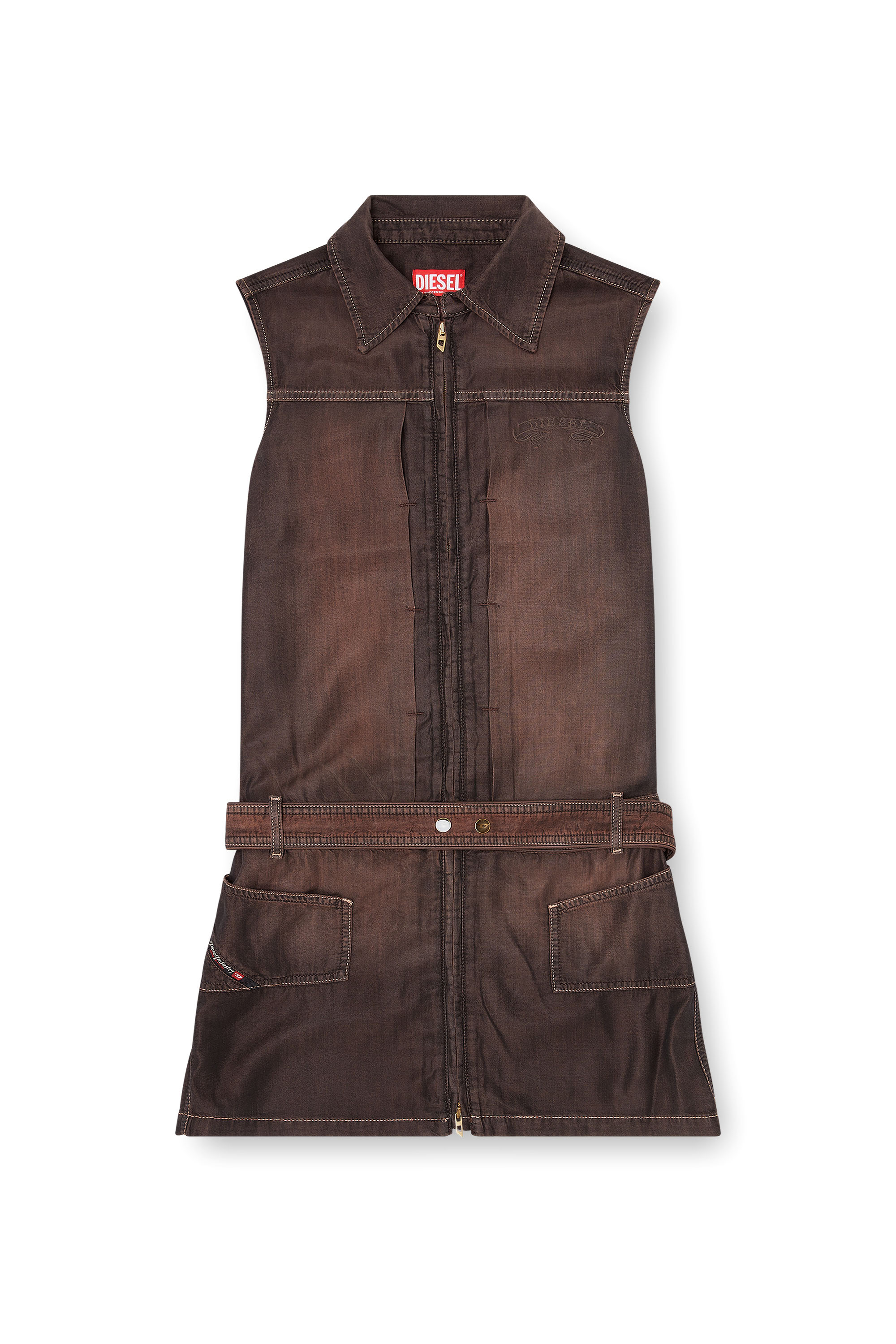 Diesel - DE-EDROS-S, Woman's Minidress in fluid coated denim in Brown - 1
