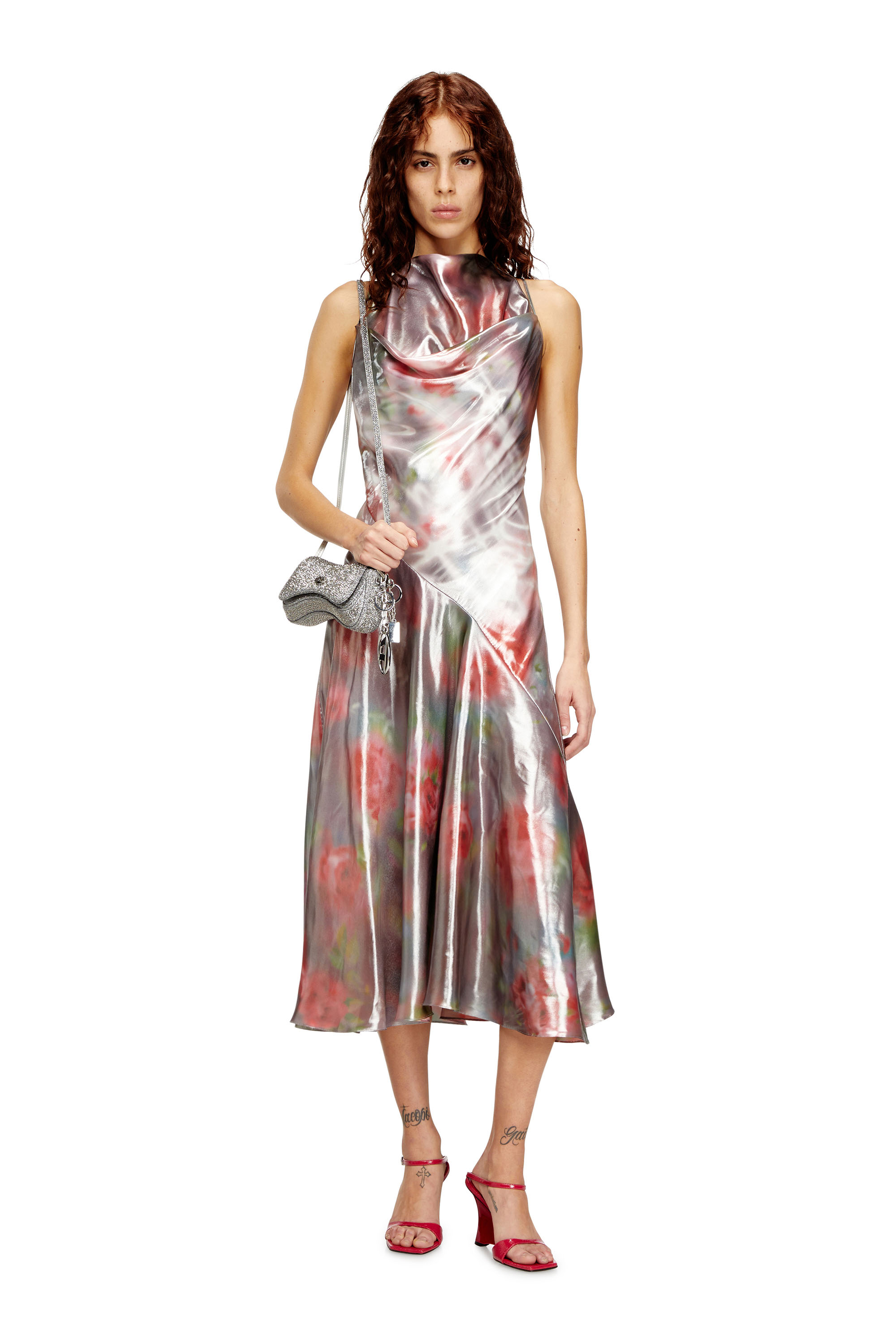 Diesel - D-EBRA, Woman's Metallic midi dress with rose print in Grey/Pink - 2