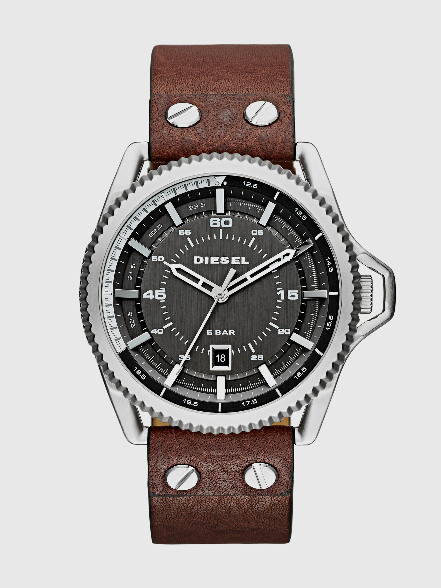 Diesel - DZ1716 ROLLCAGE, Man's Leather watch with three-hand dial, 46 mm in Dark Brown - 1