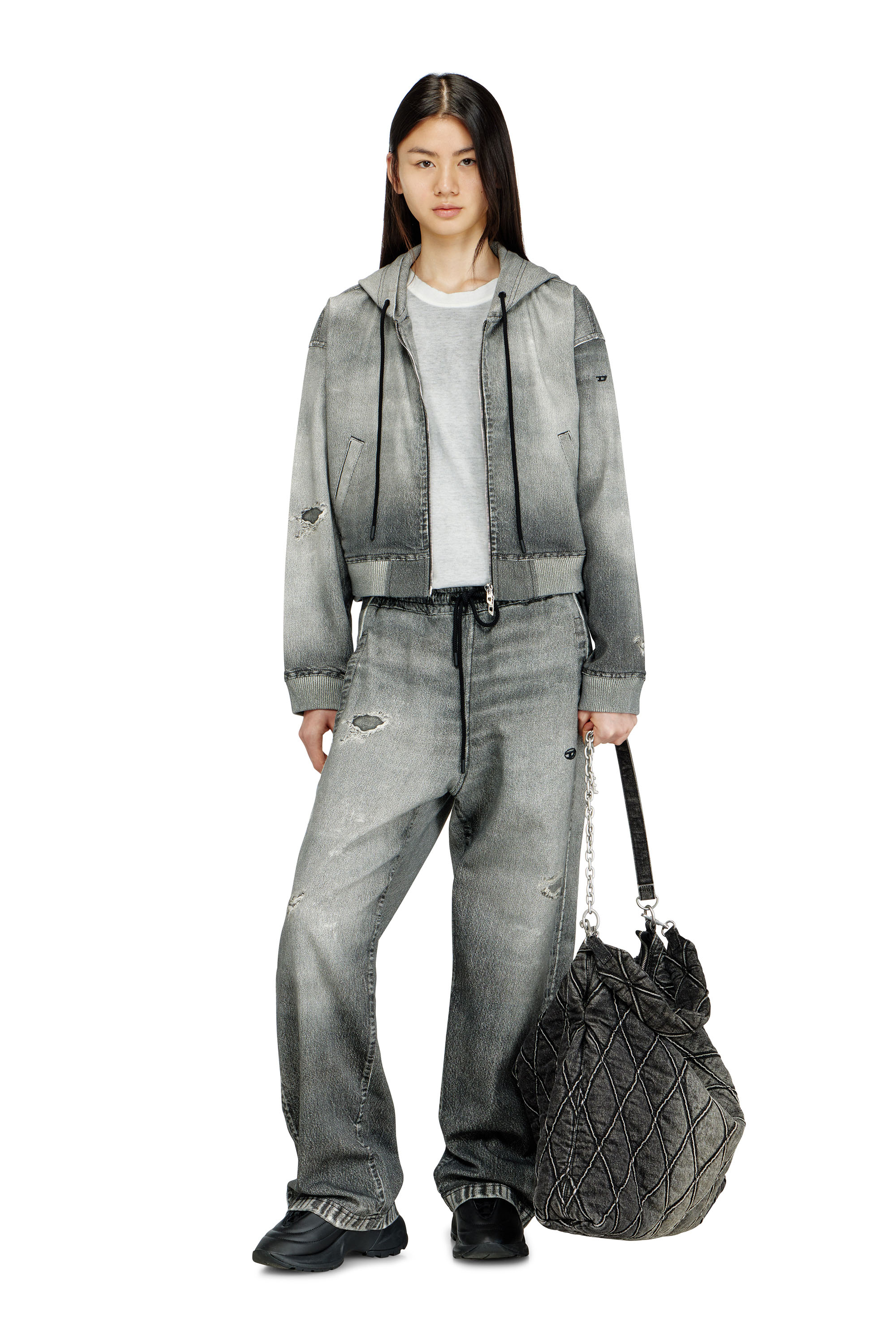 Diesel - DE-GIRI-CROP JOGG, Woman's Zip-up hoodie in trompe l'oeil JoggJeans in Grey - 1
