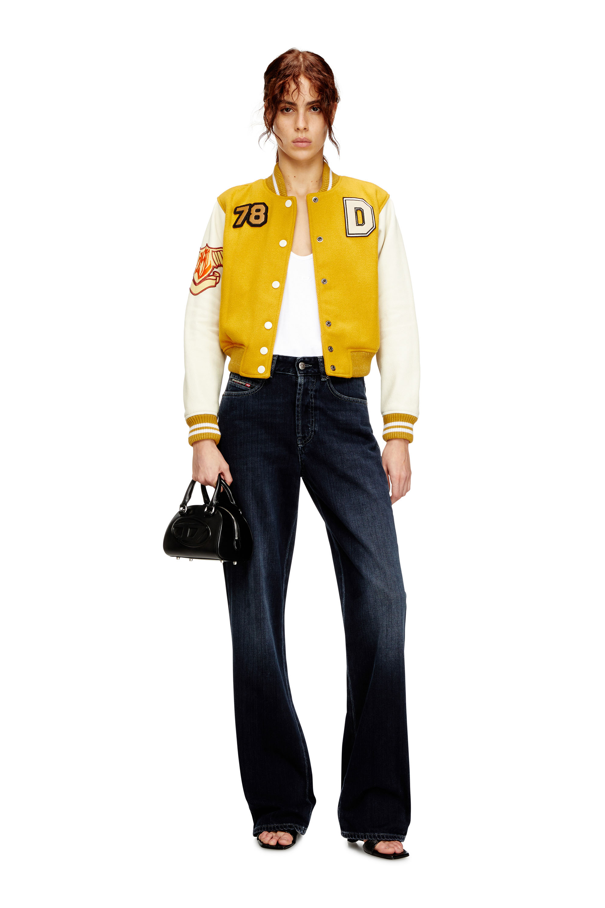 Diesel - L-REAL-CP, Woman's Cropped varsity jacket in wool and leather in Yellow - 2