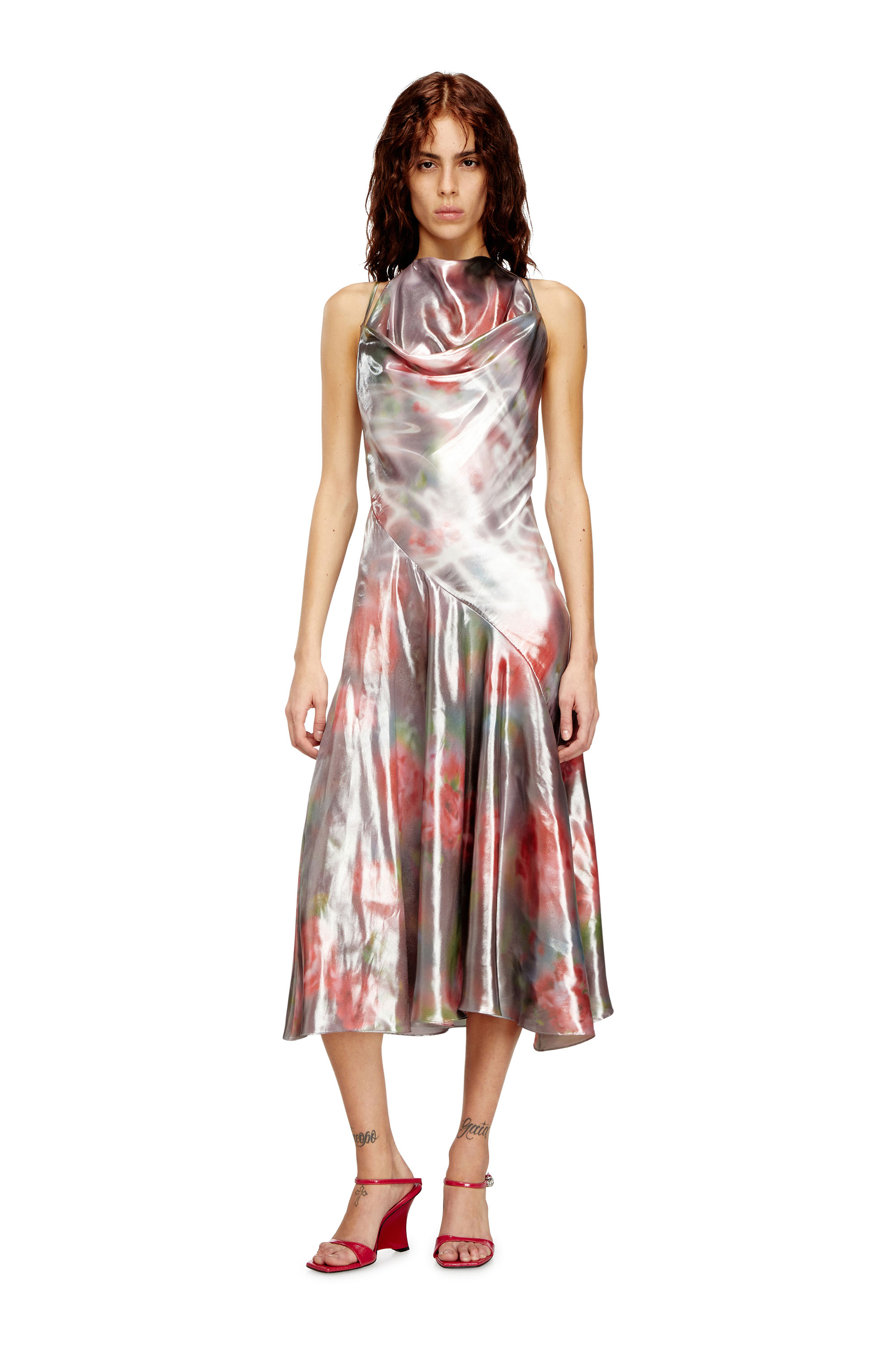 Diesel - D-EBRA, Woman's Metallic midi dress with rose print in Grey/Pink - 1