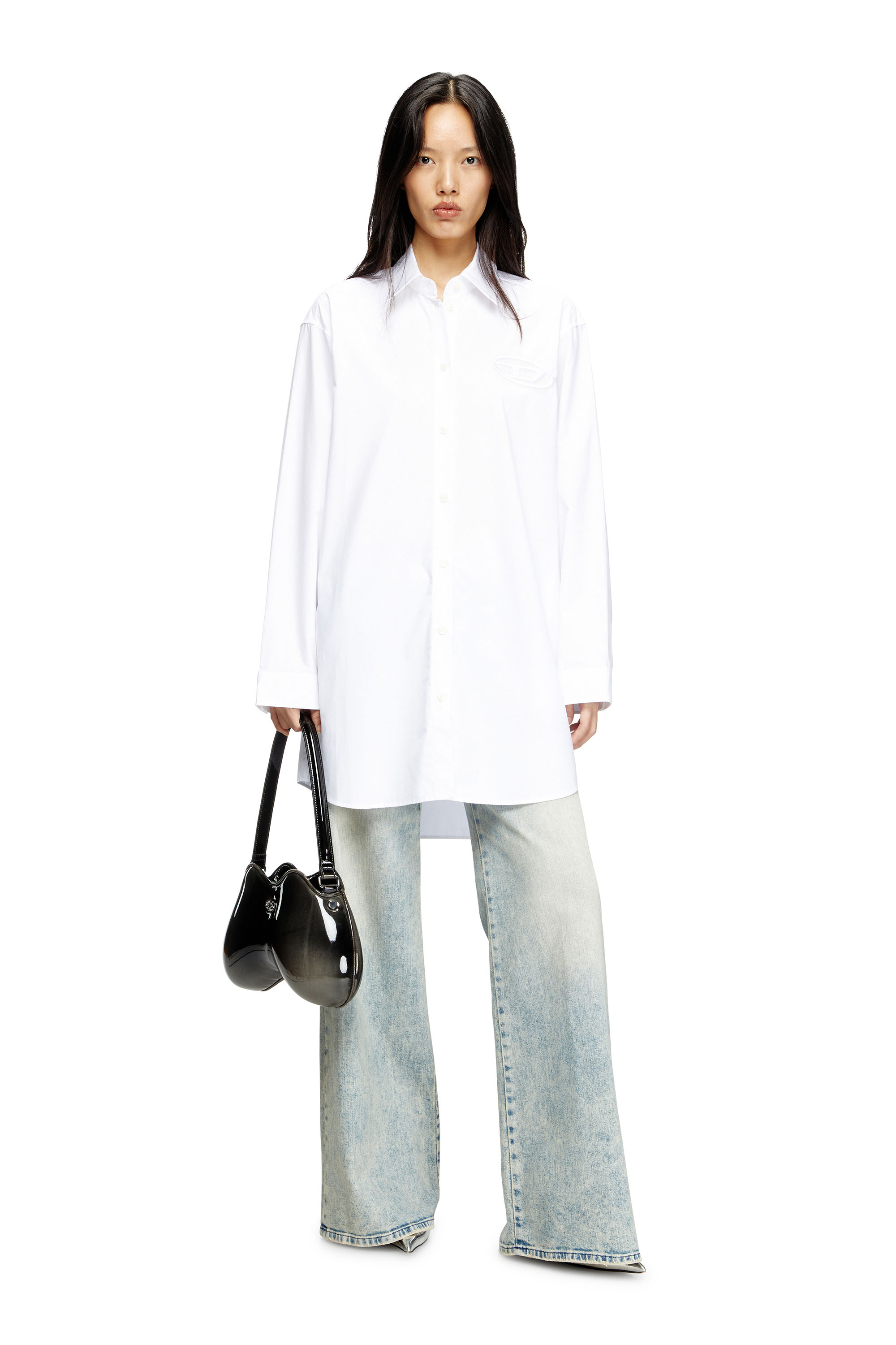 Diesel - D-DALIS, Woman's Short shirt dress with embroidered logo in White - 2