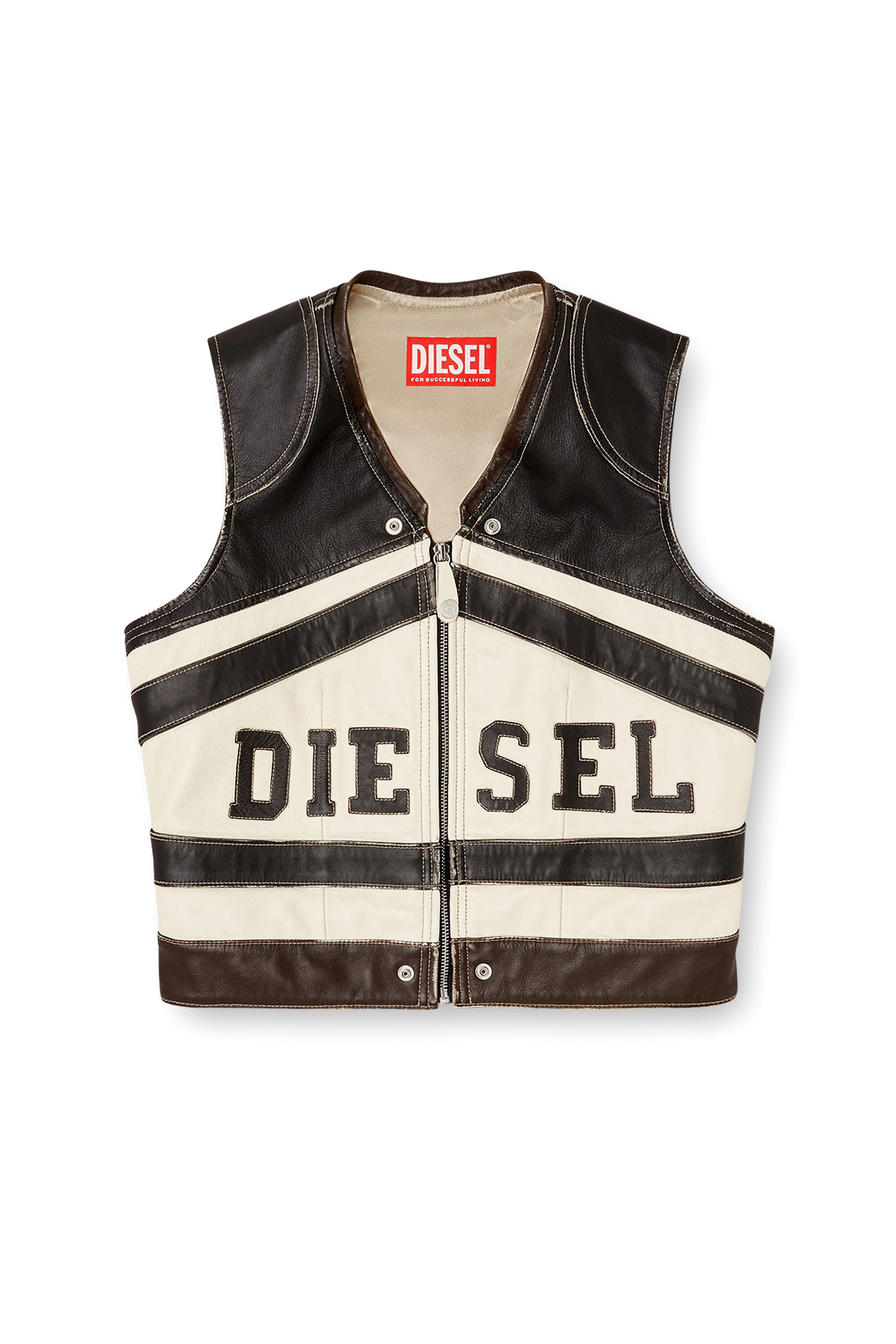 Diesel - L-FLYCOU-20TH, Woman's Leather vest with front logo and contrast stripes in Black/White - 2