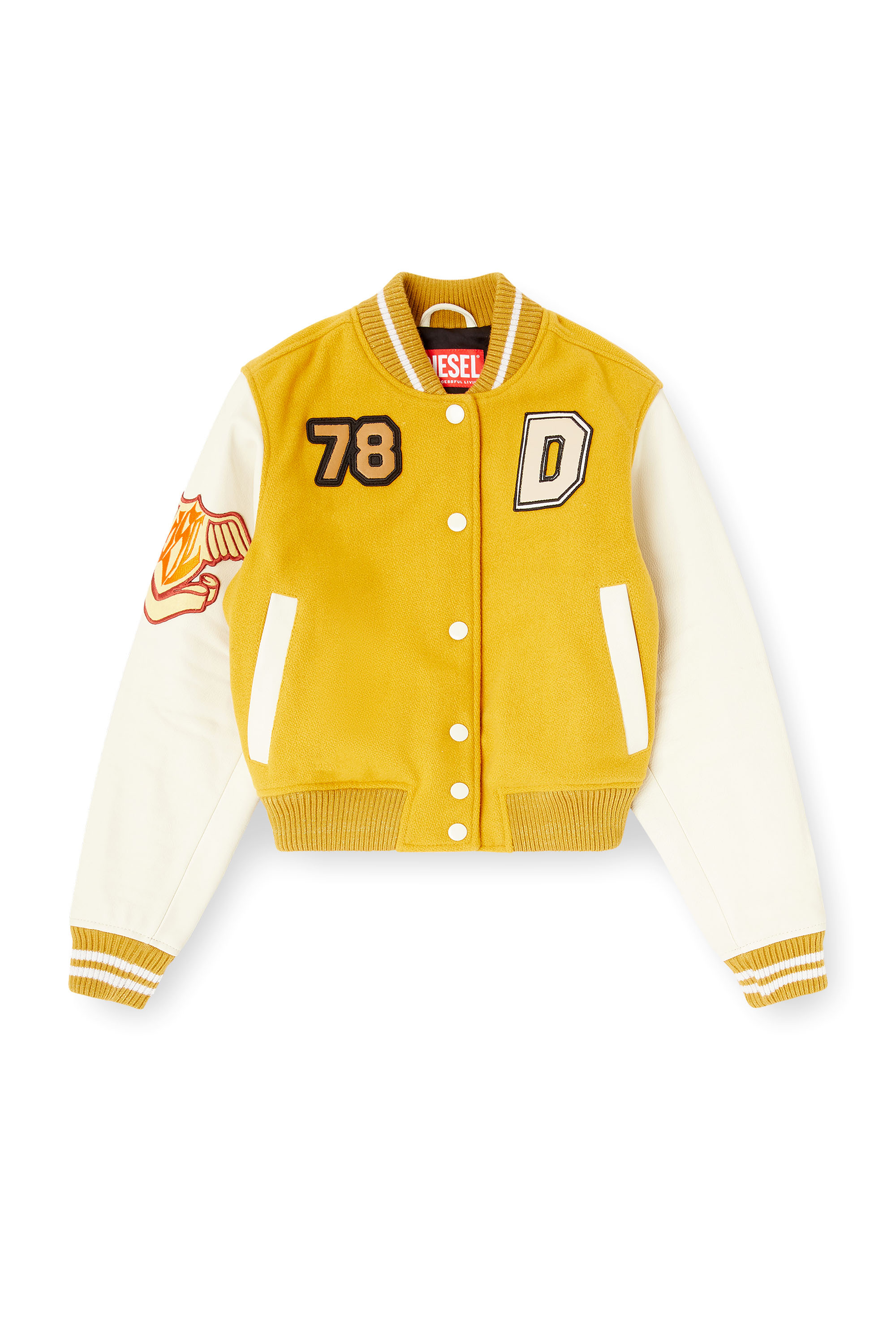 Diesel - L-REAL-CP, Woman's Cropped varsity jacket in wool and leather in Yellow - 3