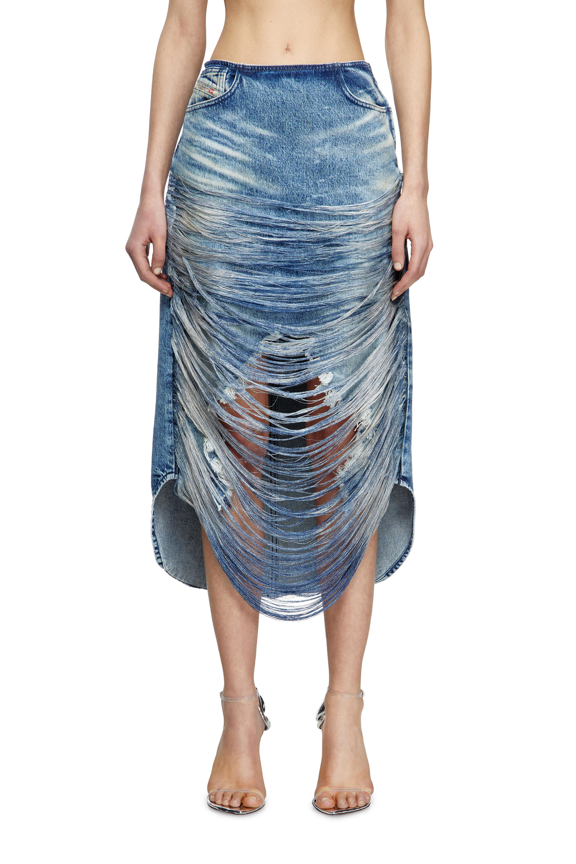 Diesel - DE-PLUMY-FSG, Woman's Midi skirt in distressed fringed denim in Medium blue - 3