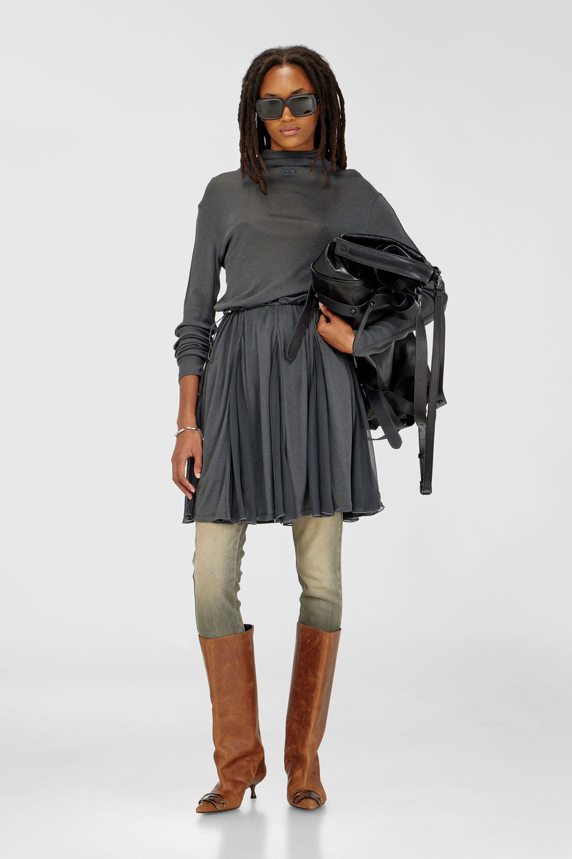 Diesel - D-REI, Woman's Turtleneck mini dress in jersey and chiffon in Grey - 1
