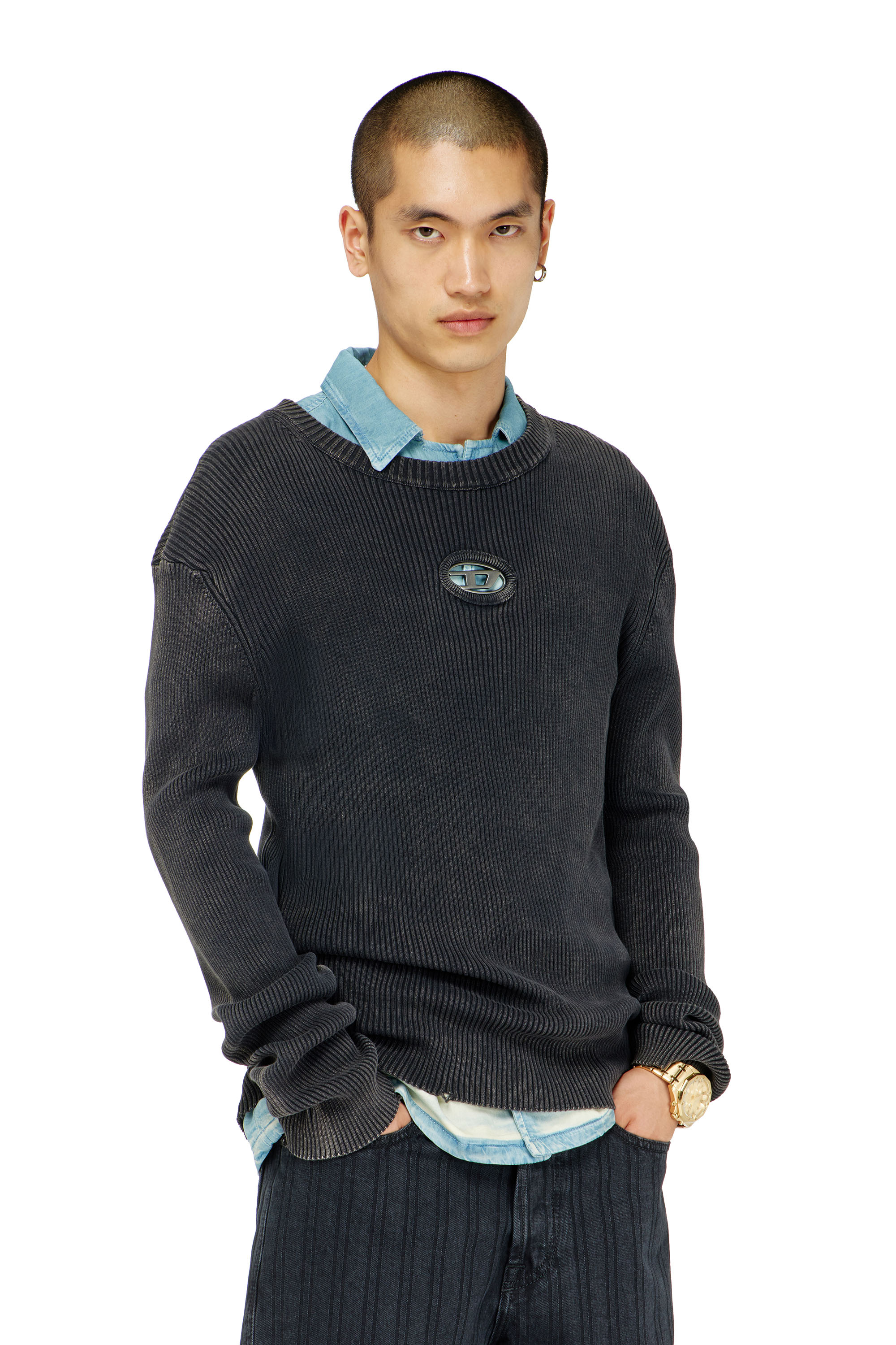 Diesel - K-DARIN-D, Man's Distressed jumper with cut-out logo in Black - 1