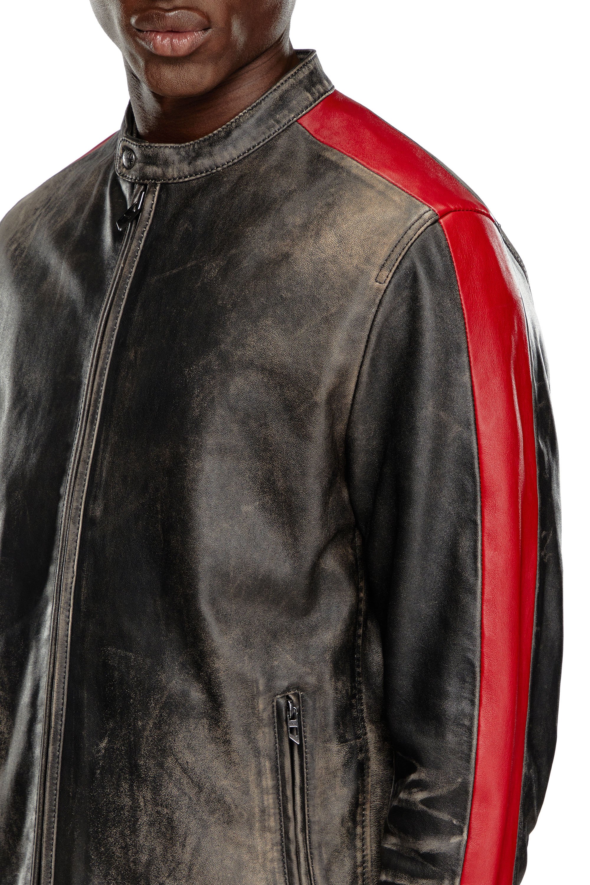 Diesel - L-RENN, Man Leather jacket with contrasting stripes in Multicolor - Image 5
