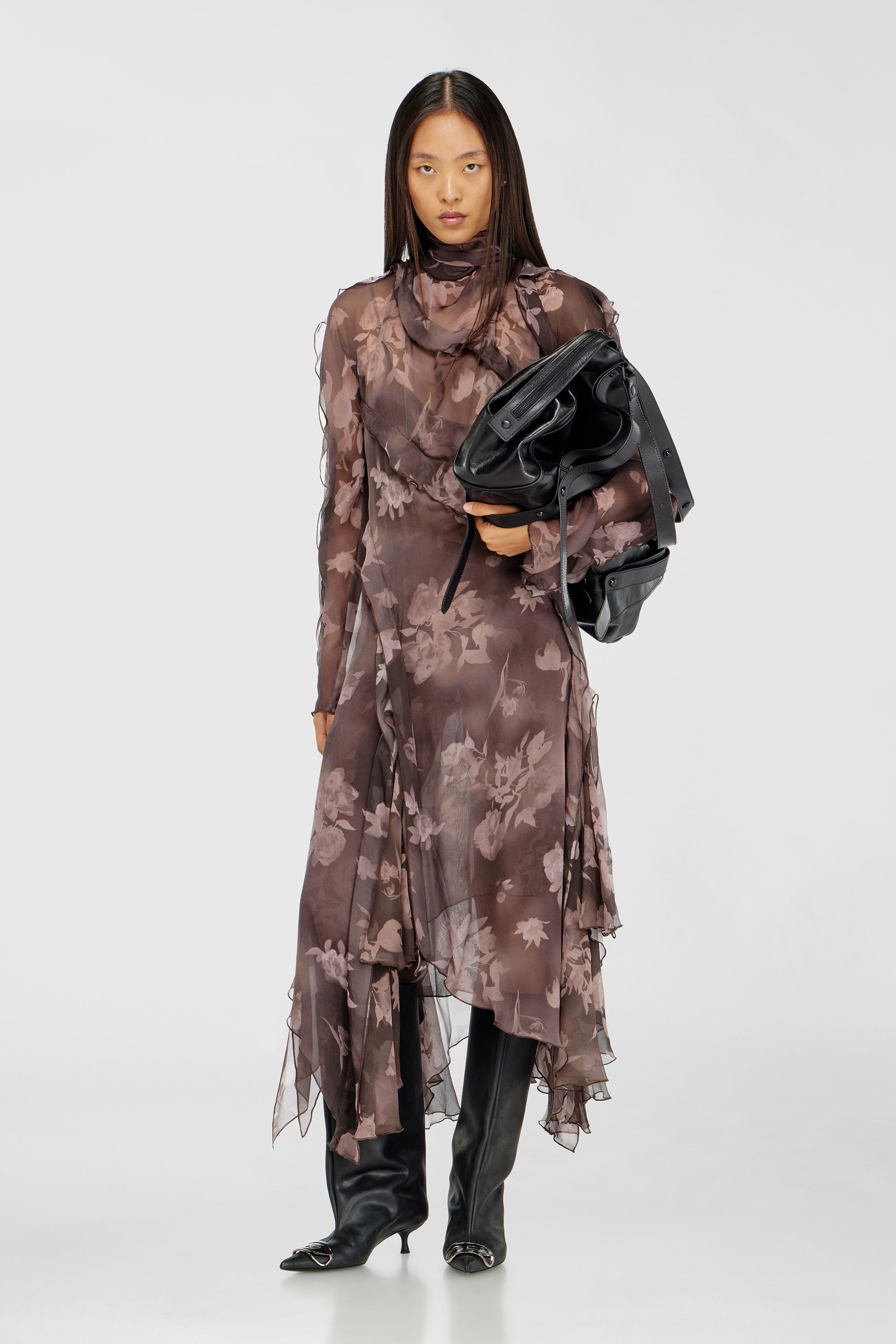 Diesel - D-RIADI, Woman's Asymmetric midi dress in chiffon and silk-crepe in Brown - 1