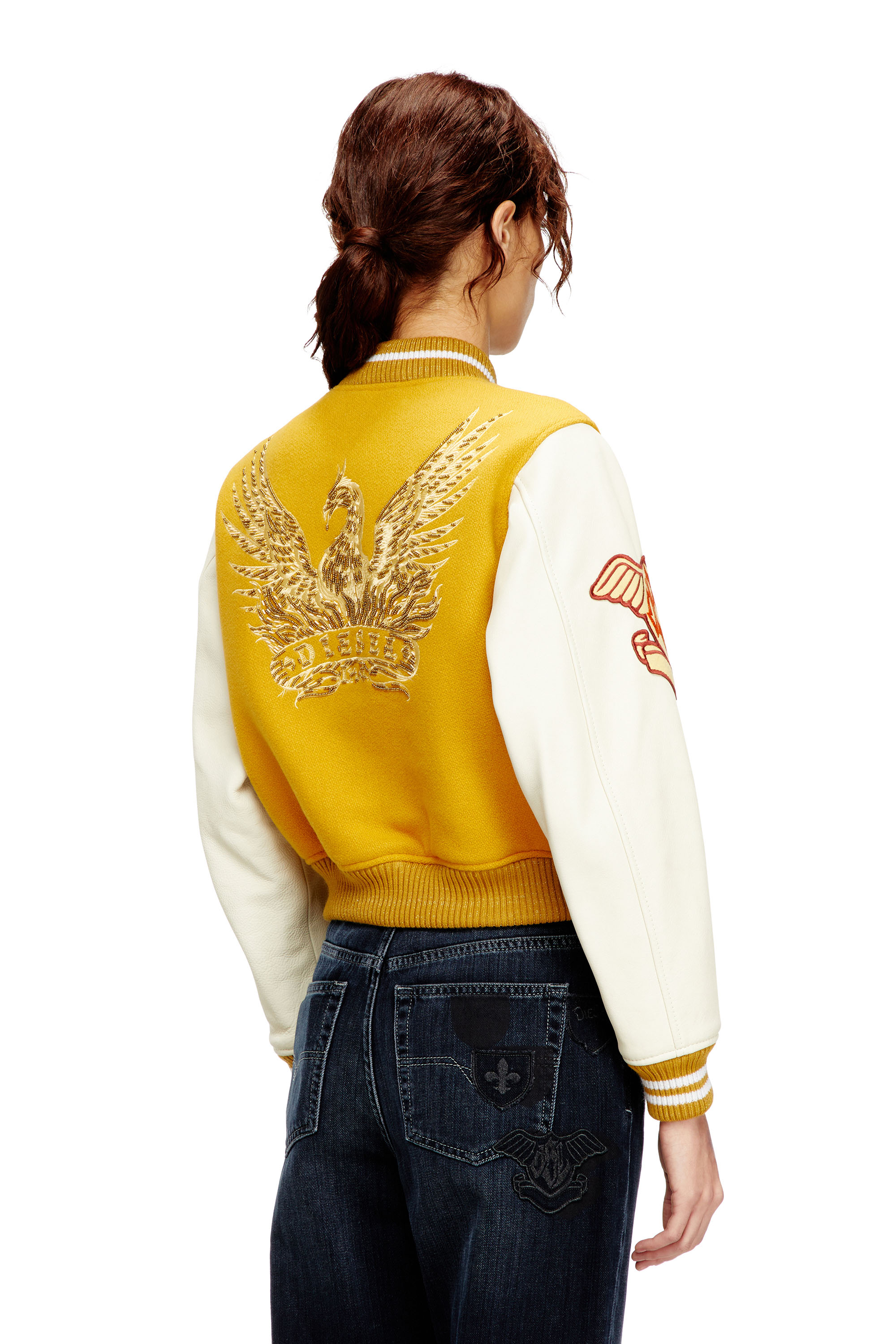 Diesel - L-REAL-CP, Woman's Cropped varsity jacket in wool and leather in Yellow - 4
