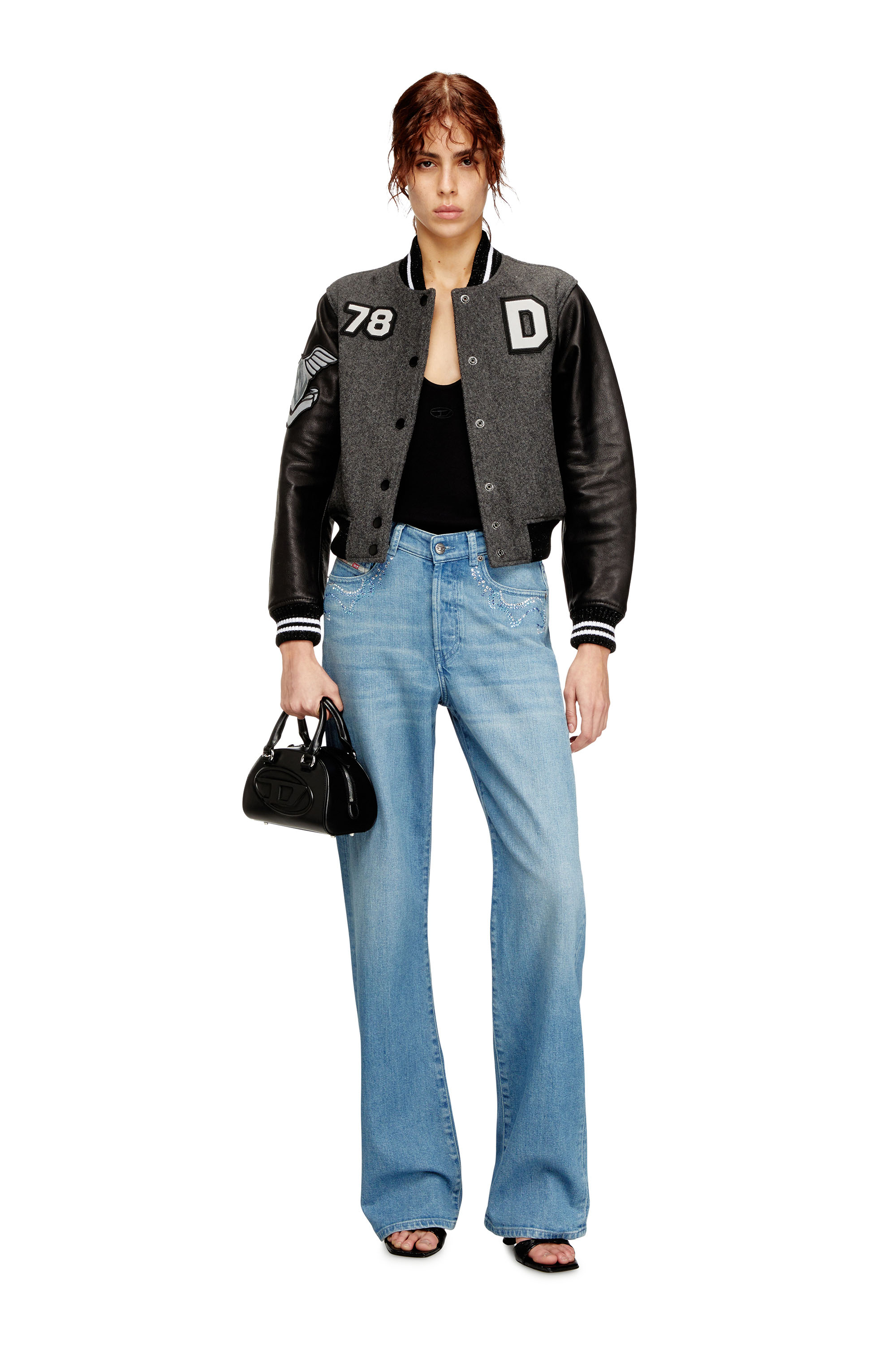 Diesel - L-REAL-CP, Woman's Cropped varsity jacket in wool and leather in Black/Grey - 2
