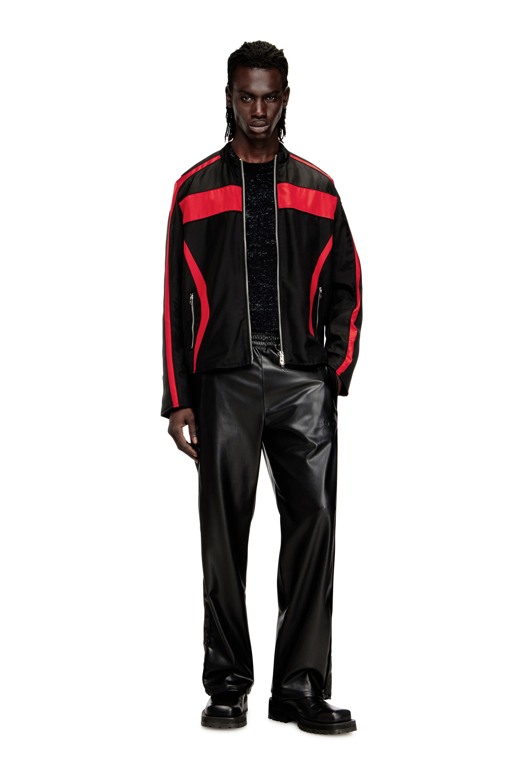 Diesel - J-ADAM-PDAI, Man's Biker-style jacket in colour-block canvas in Black/Red - 2