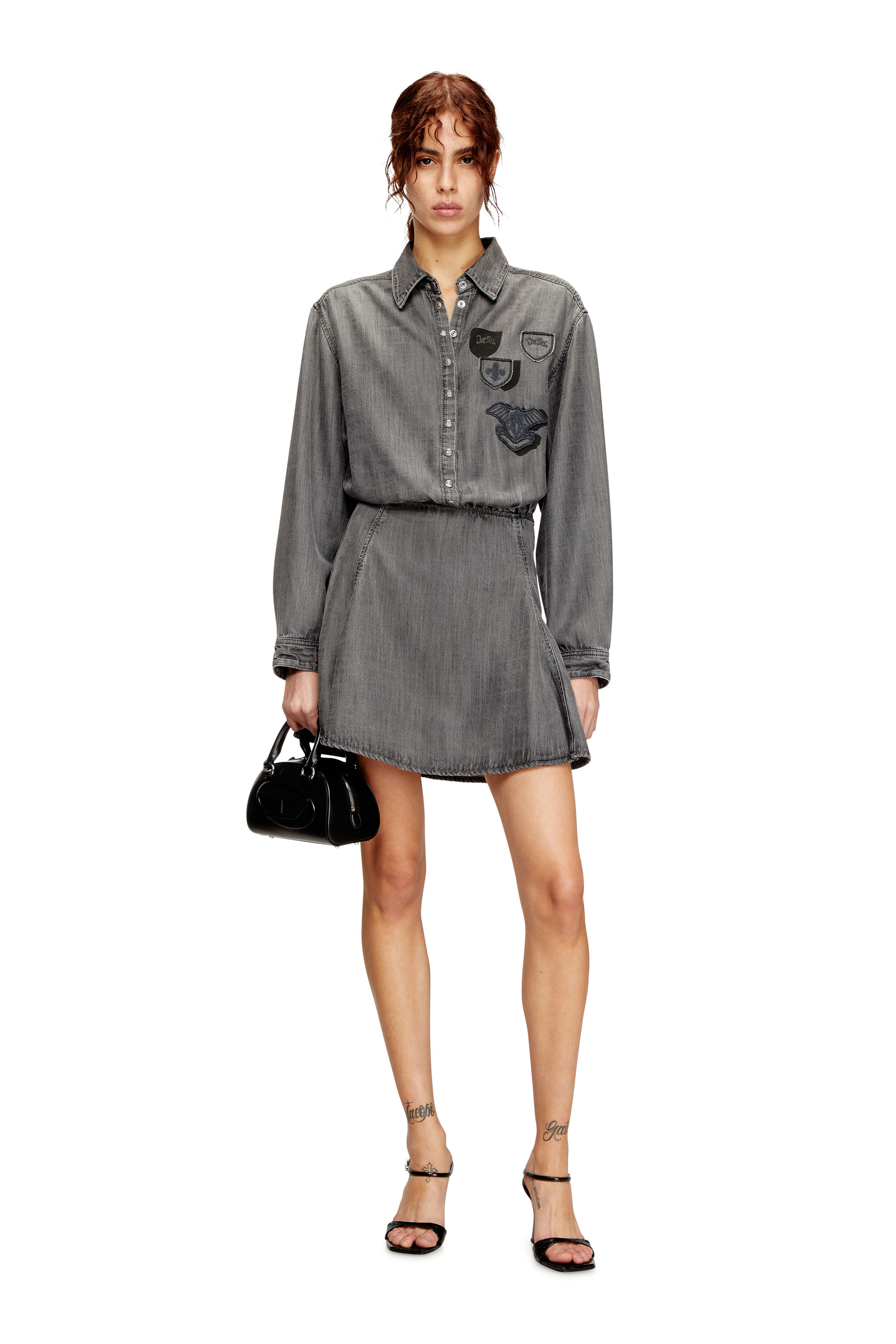 Diesel - DE-DREVIA-S, Woman's Denim dress with embroidered patches in Grey - 2