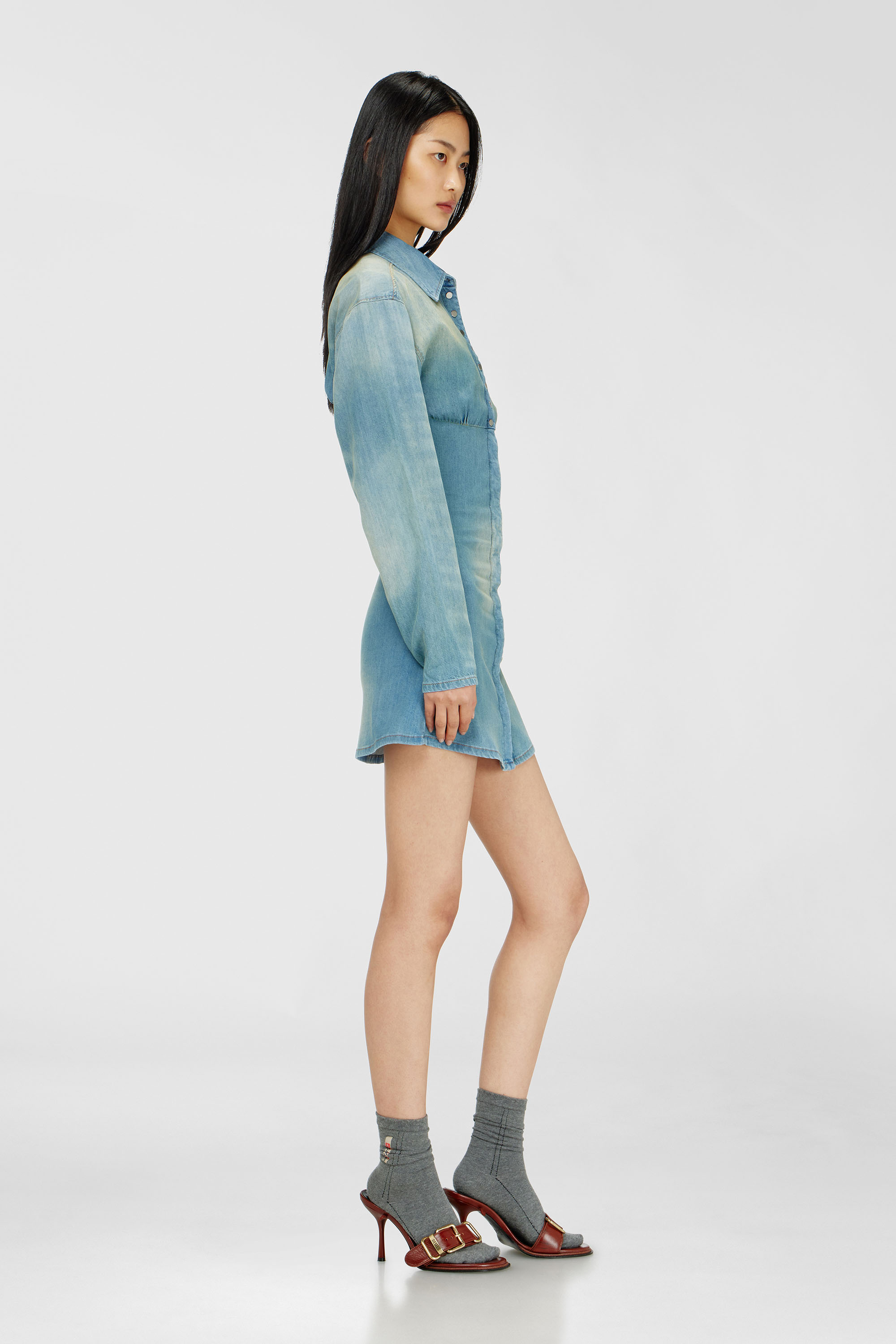 Diesel - DE-VIOLIM-S, Woman's Denim mini shirt dress with sectioned design in Light Blue - 3