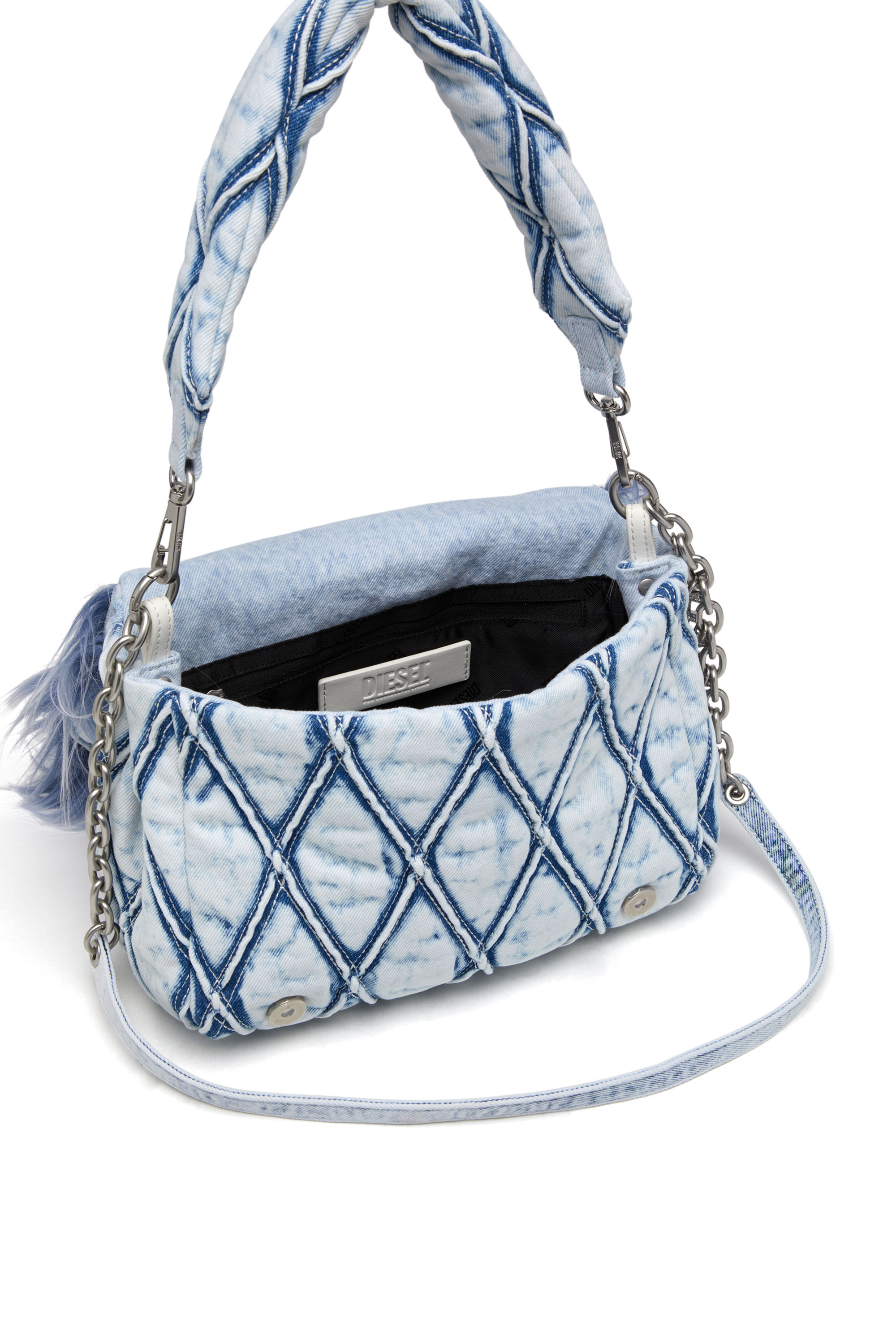 Diesel - CHARM-D SHOULDER M, Woman's Charm-D M-Shoulder bag in denim and faux fur in Blue - 4