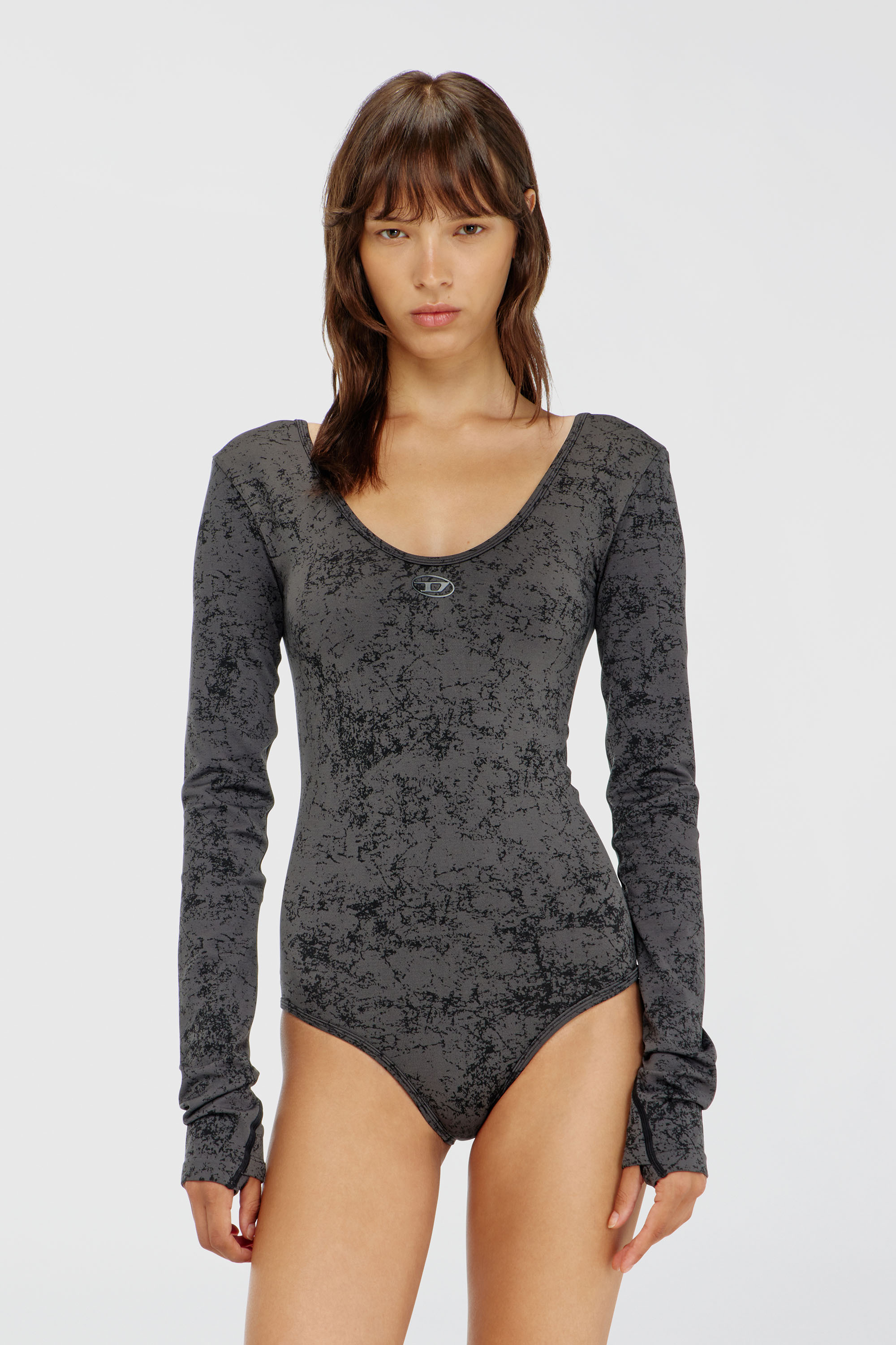 Diesel - IONNA-UTLT, Woman's Open-back bodysuit with utilitarian print in Black - 1