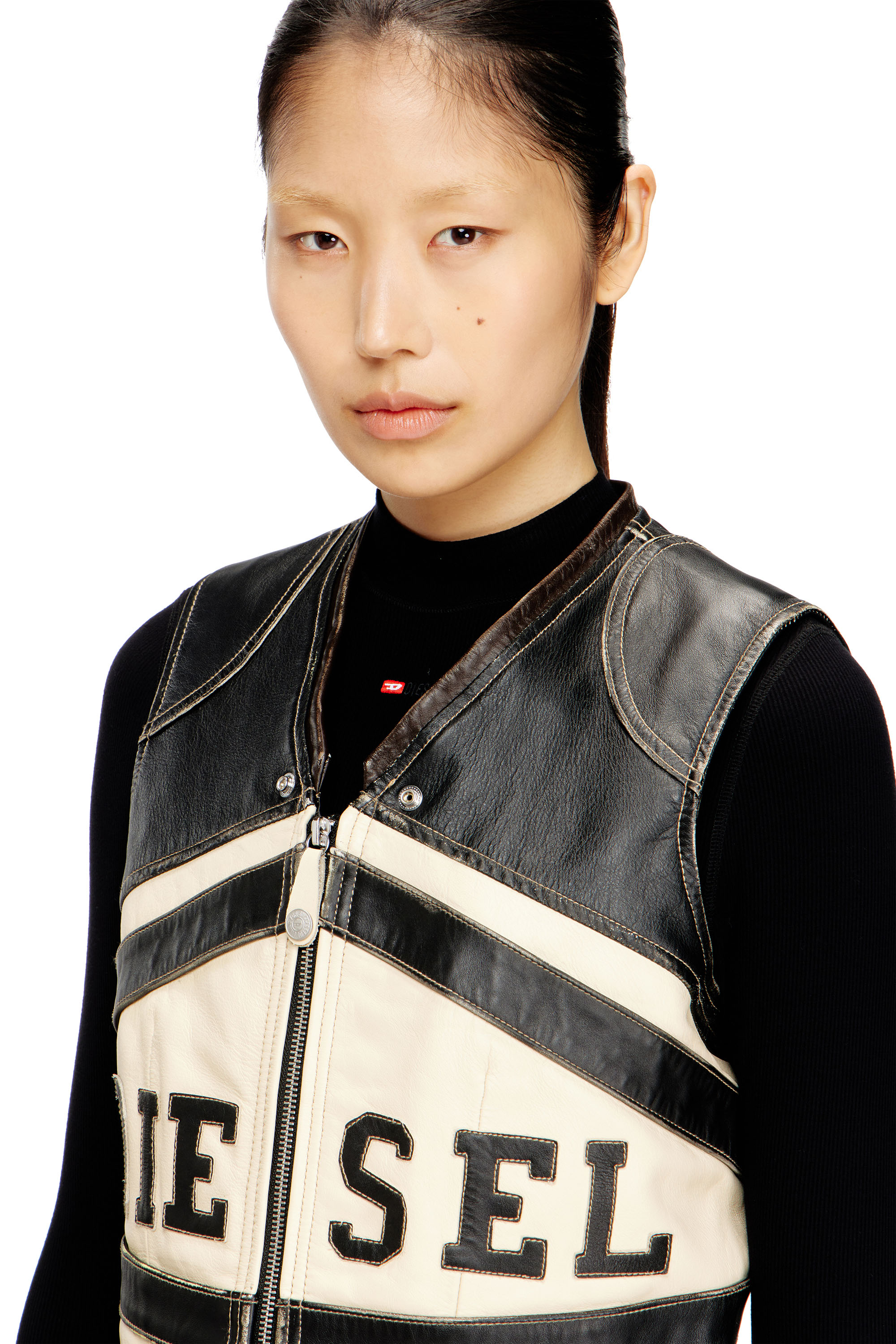 Diesel - L-FLYCOU-20TH, Woman's Leather vest with front logo and contrast stripes in Black/White - 5