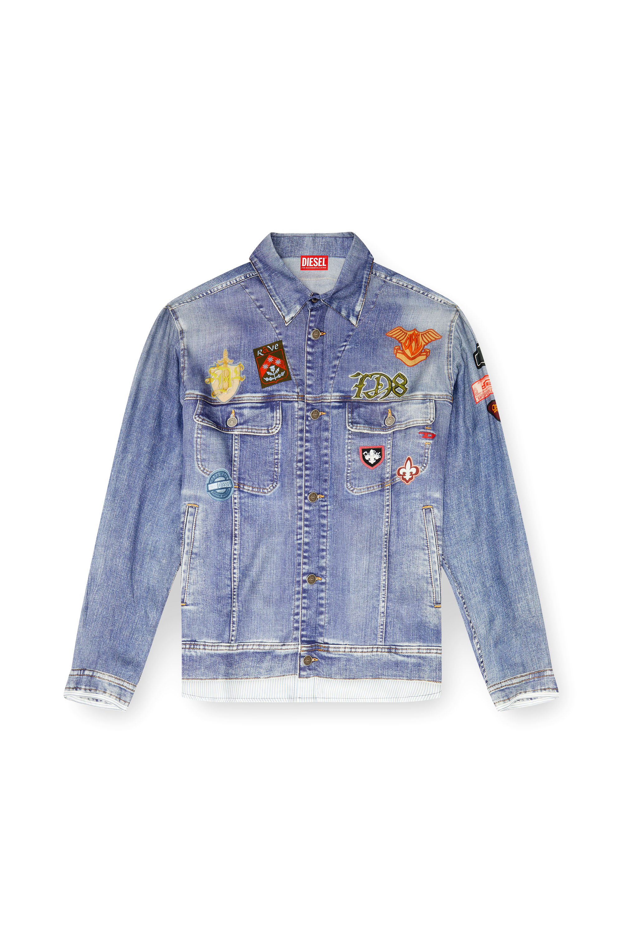 Diesel - S-SIMPLY-PATCH, Man's Satin shirt with trompe-l'oeil denim print in null - 2