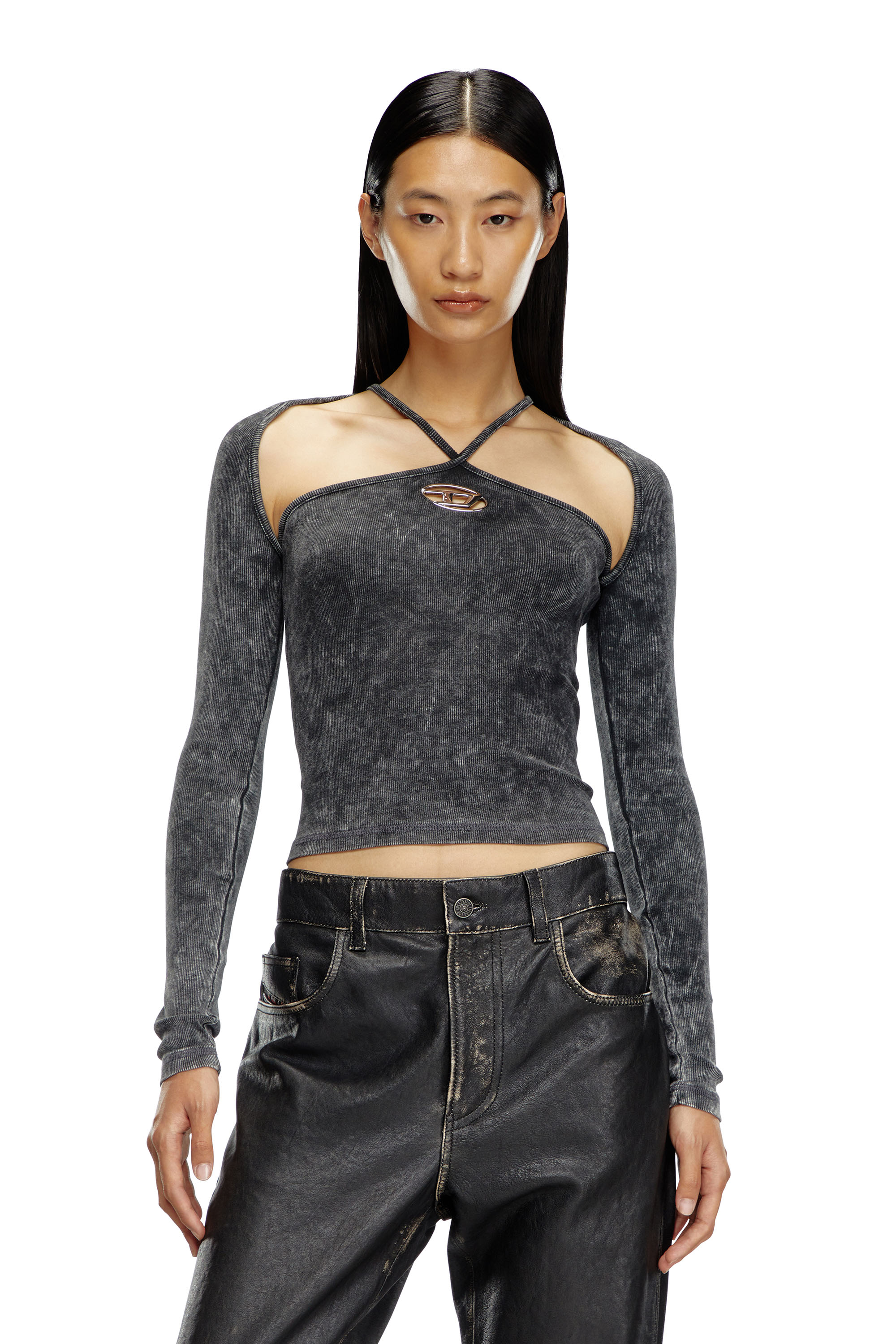 Diesel - T-MARINEL, Woman Ribbed long-sleeve top with cross-over straps in Black - Image 1