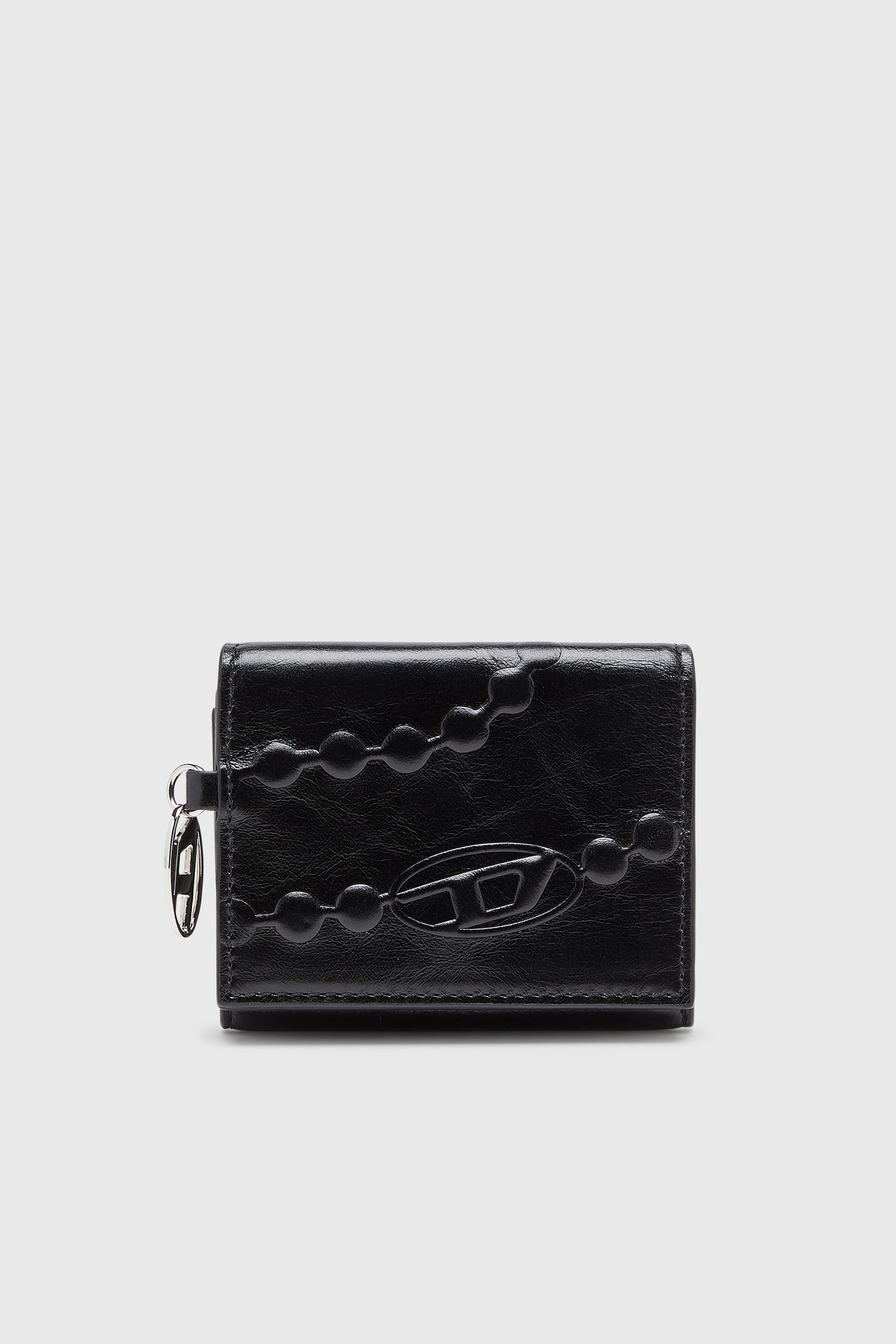 Diesel - OVAL-D TRI FOLD ZIP COIN XS II, Woman's Leather tri-fold wallet with embossed motif in Black - 1