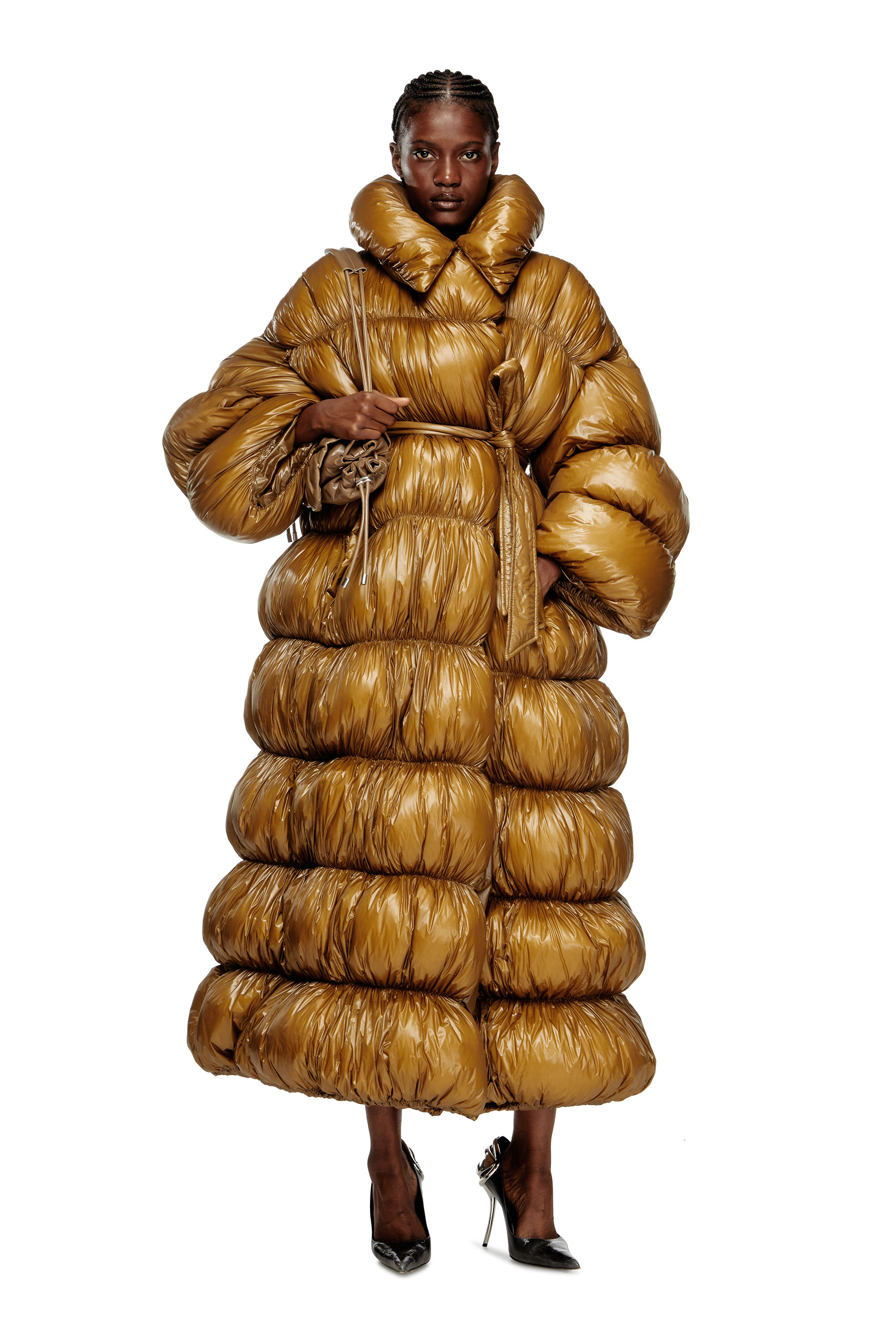 W-INONA-LONG, Brown Diesel - W-INONA-LONG, Woman's Quilted down coat with belt in Brown - 3