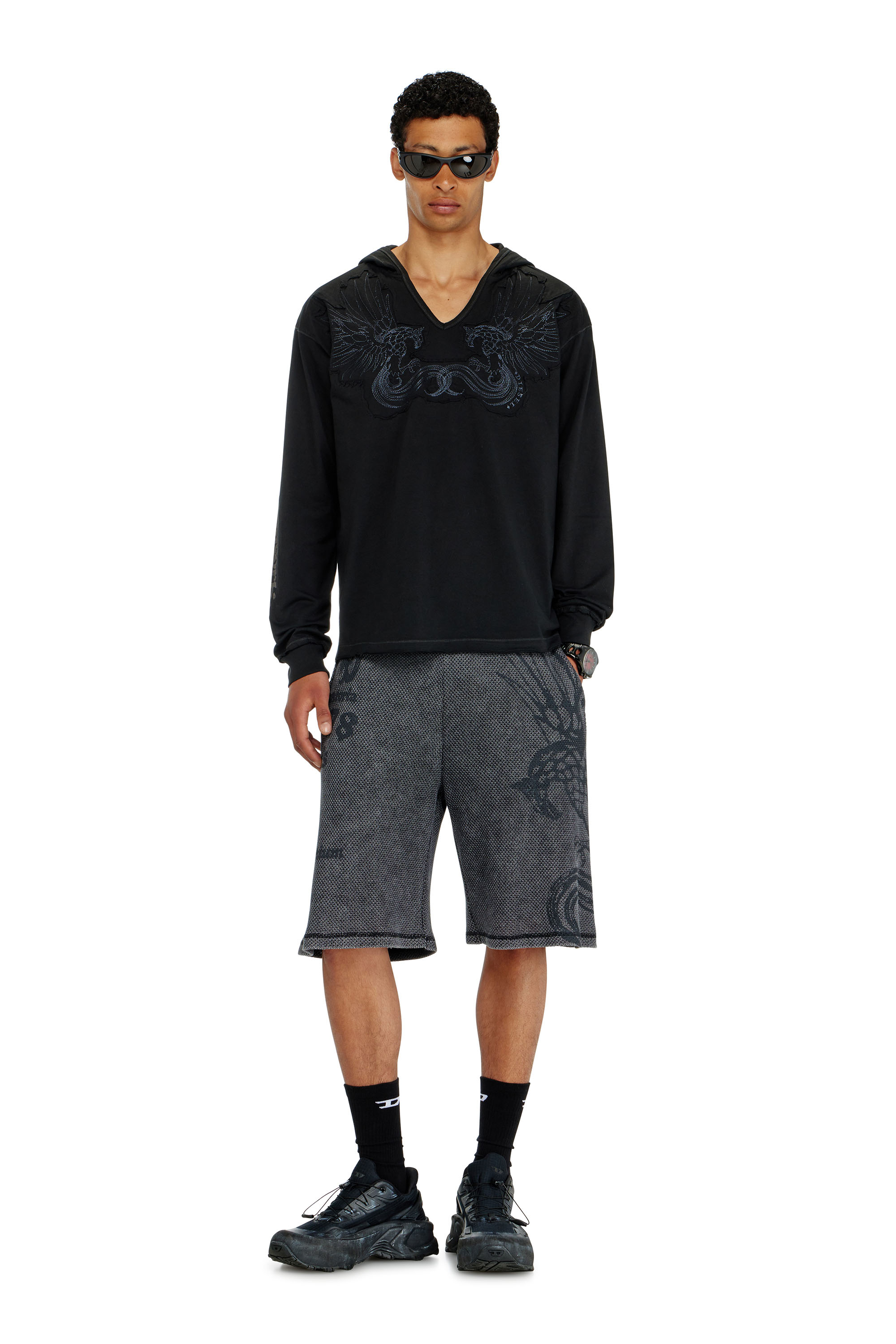 Diesel - T-PHEN-LS-HOOD-RIB, Man's Hoodie with V-neck and embroidered front in Black - 2