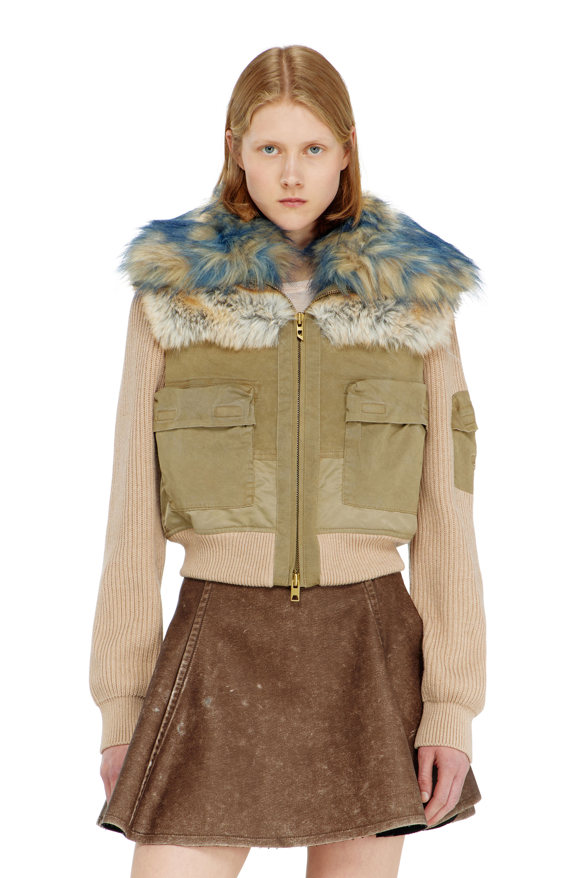 Diesel - G-USTAV, Woman's Bomber jacket with rib-knit and plush trims in Beige - 1