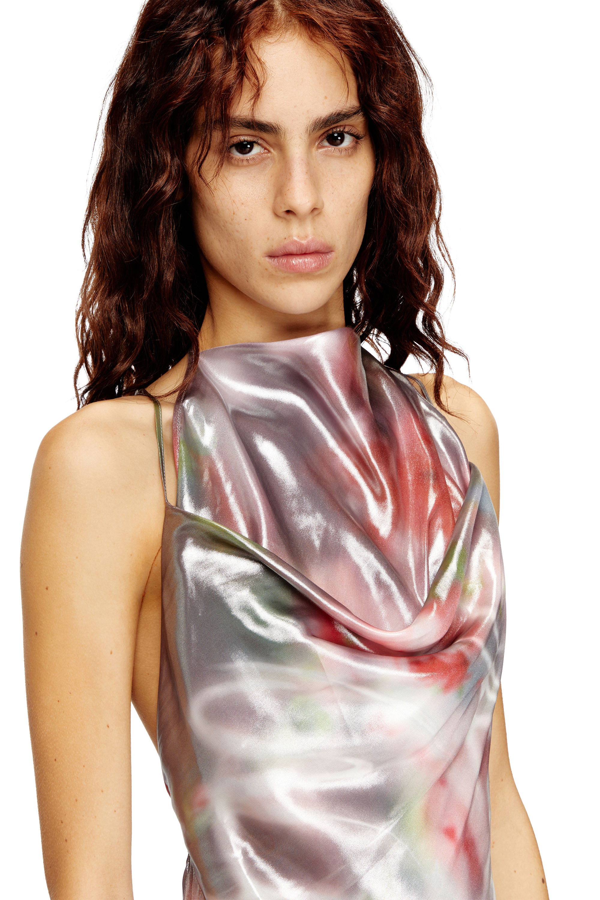 Diesel - D-EBRA, Woman's Metallic midi dress with rose print in Grey/Pink - 4