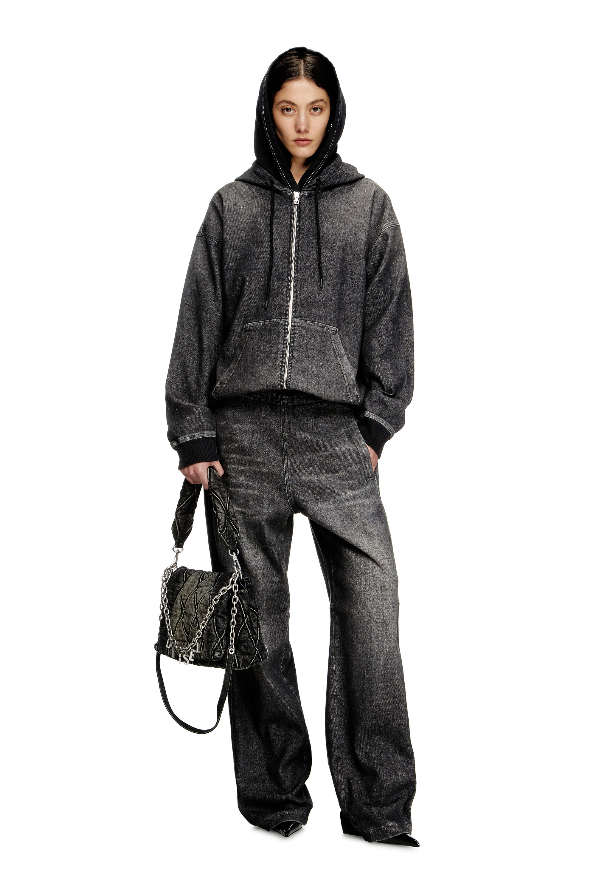 Diesel - D-GIRI-S TRACK, Unisex's Zipped hoodie in dirt-effect Track Denim in Black - 6