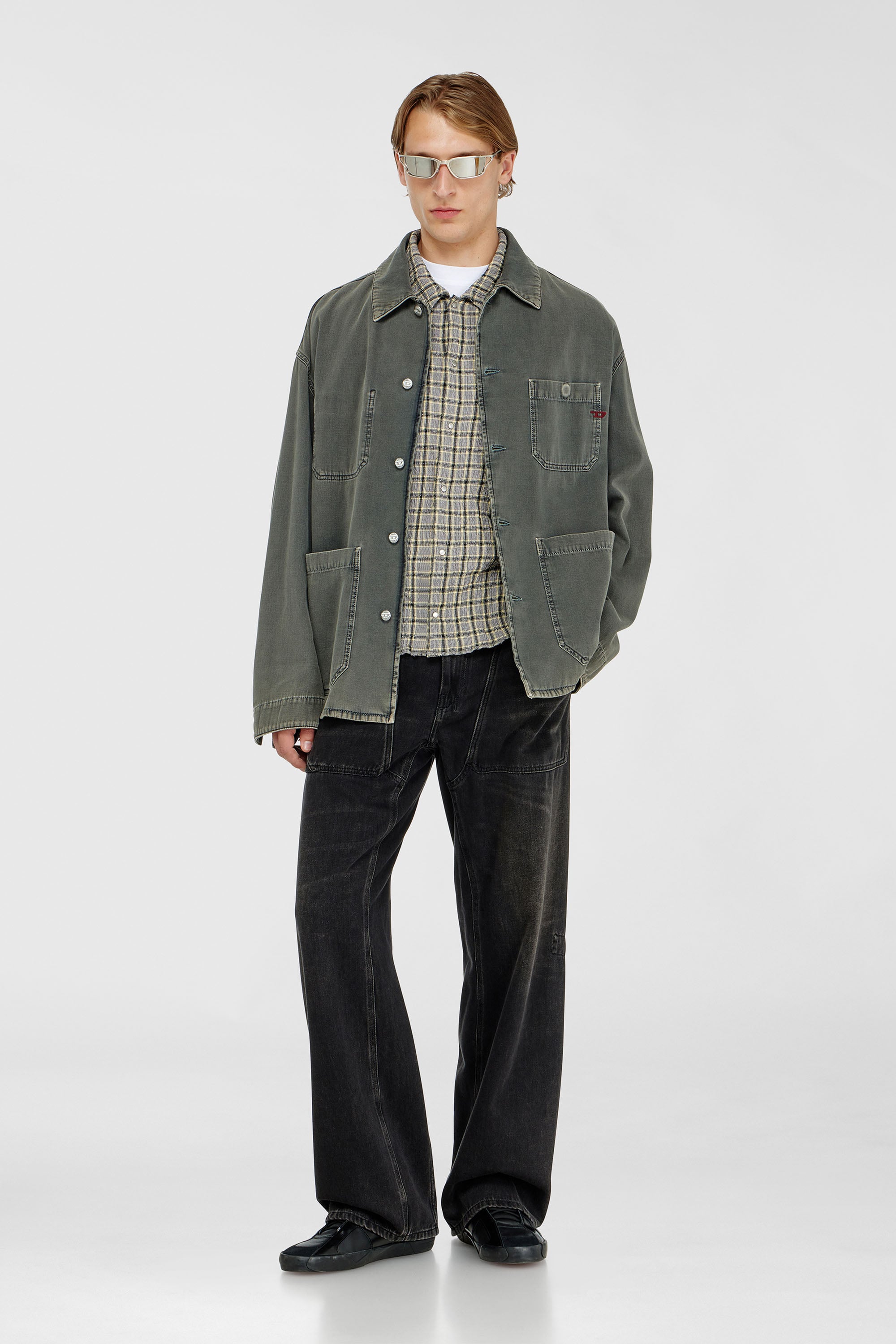 Diesel - S-SEERK, Man's Check shirt with seersucker effect in Green/Grey - 1
