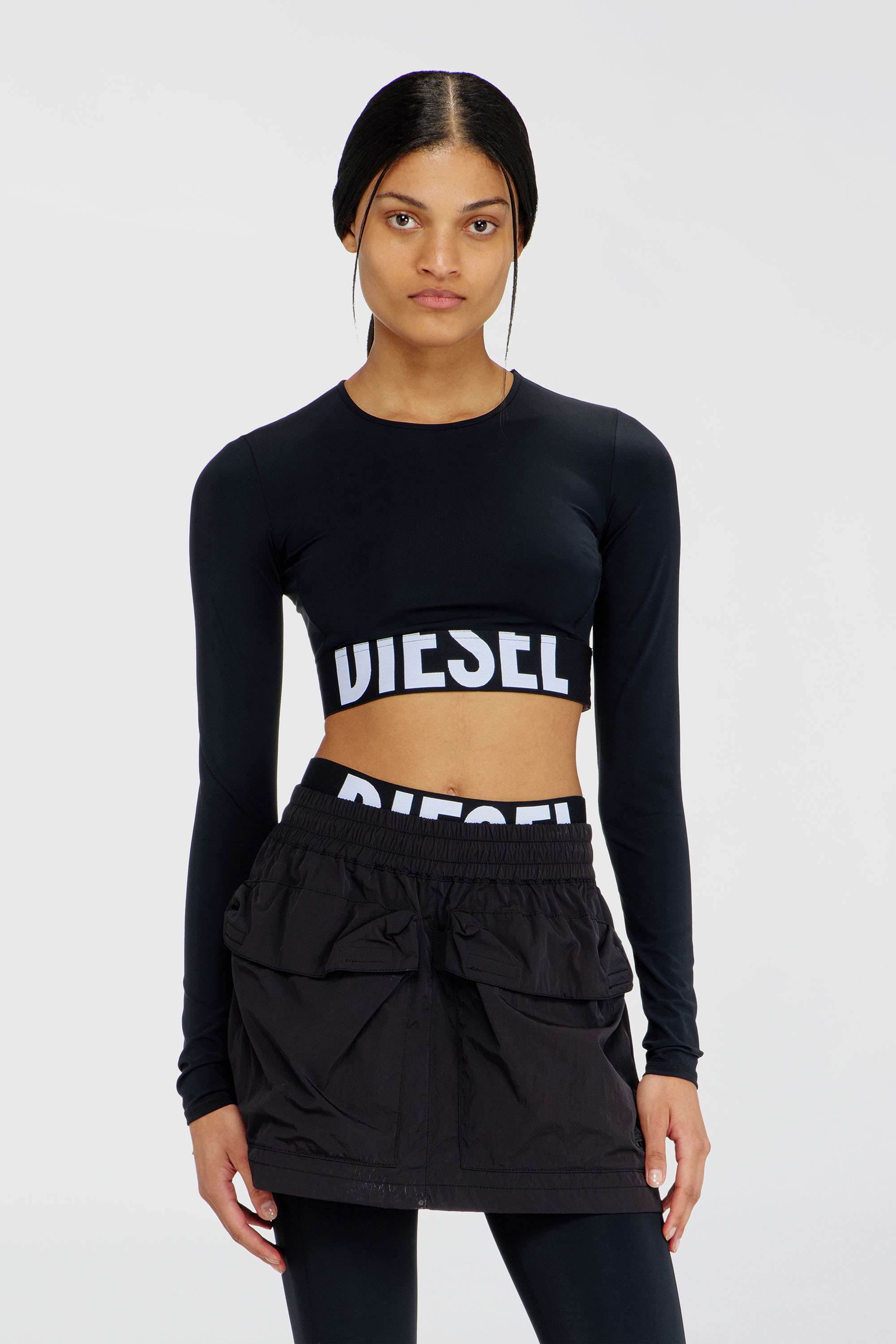 Diesel - MELISSA-D-POP, Woman's Microfibre crop top with cut-off logo in Black - 1